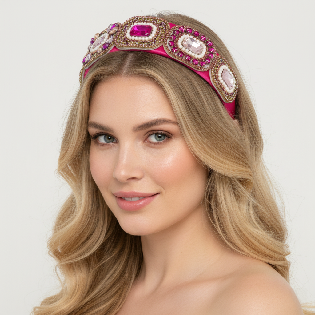 Crystal Headband Colourful Headband Rhinestone Pearl Luxury Headband Jewelry Hot Pink