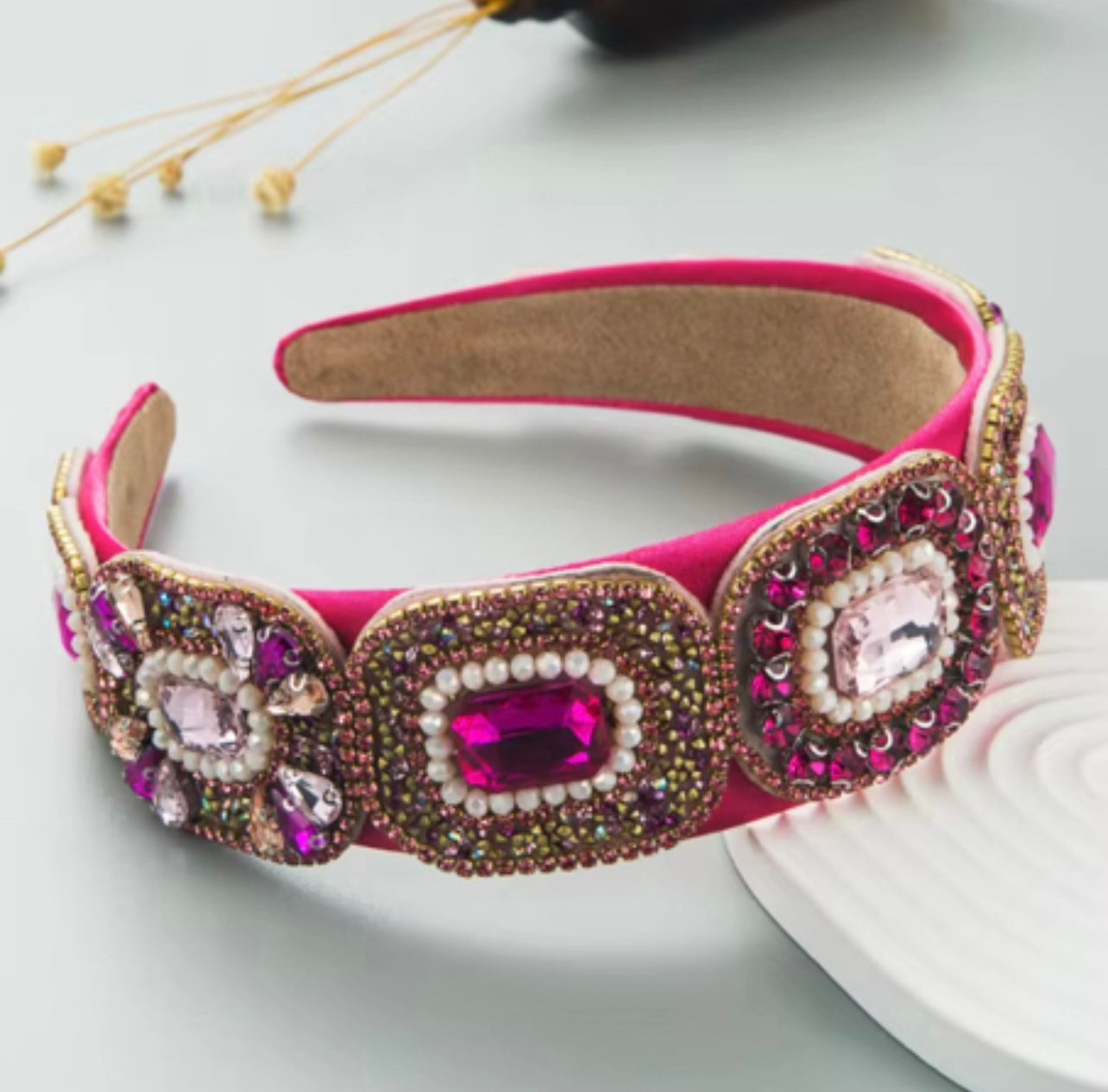 Crystal Headband Colourful Headband Rhinestone Pearl Luxury Headband Jewelry Hot Pink