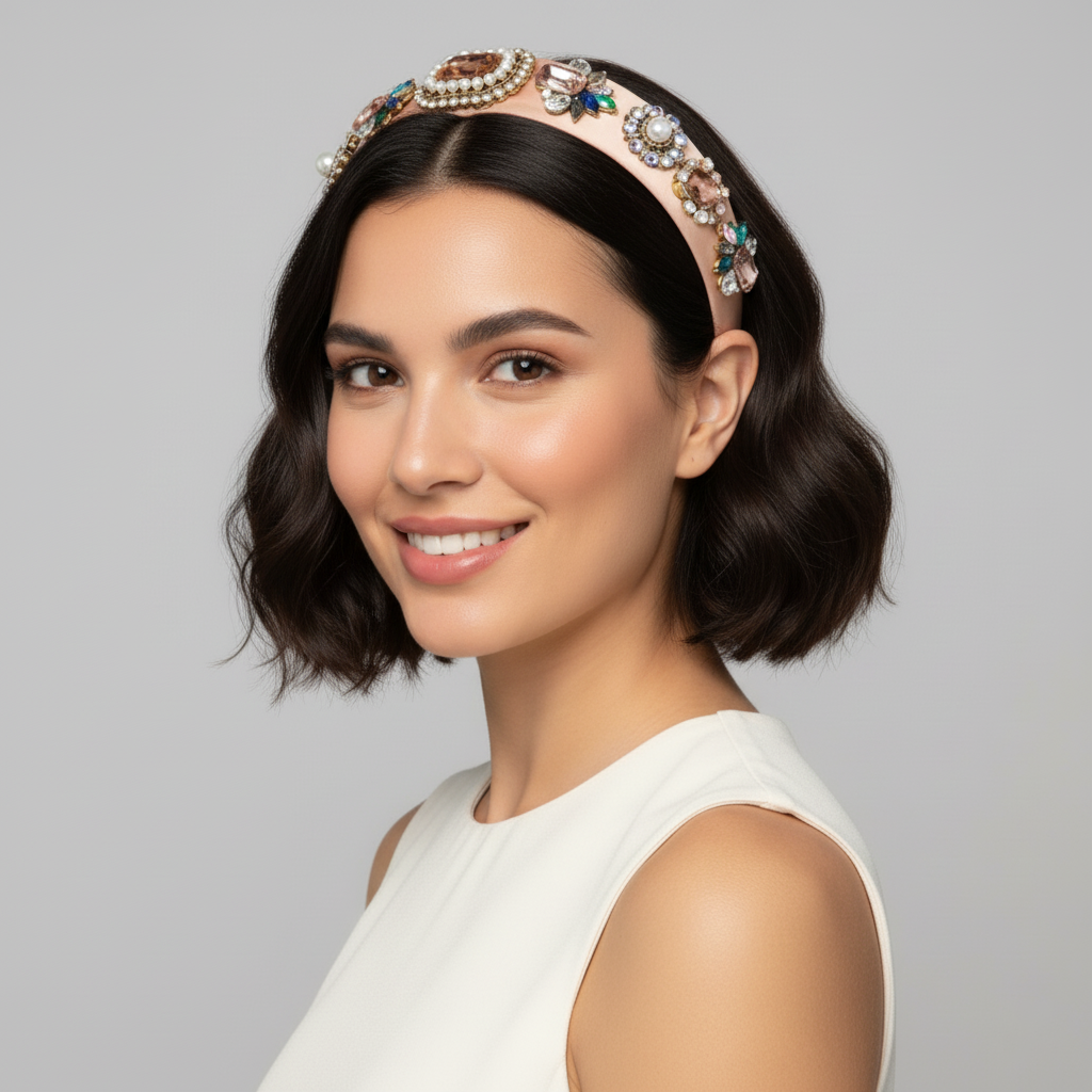 Fabric Baroque with Pearl Inlay Glass Diamond Headband Apricot