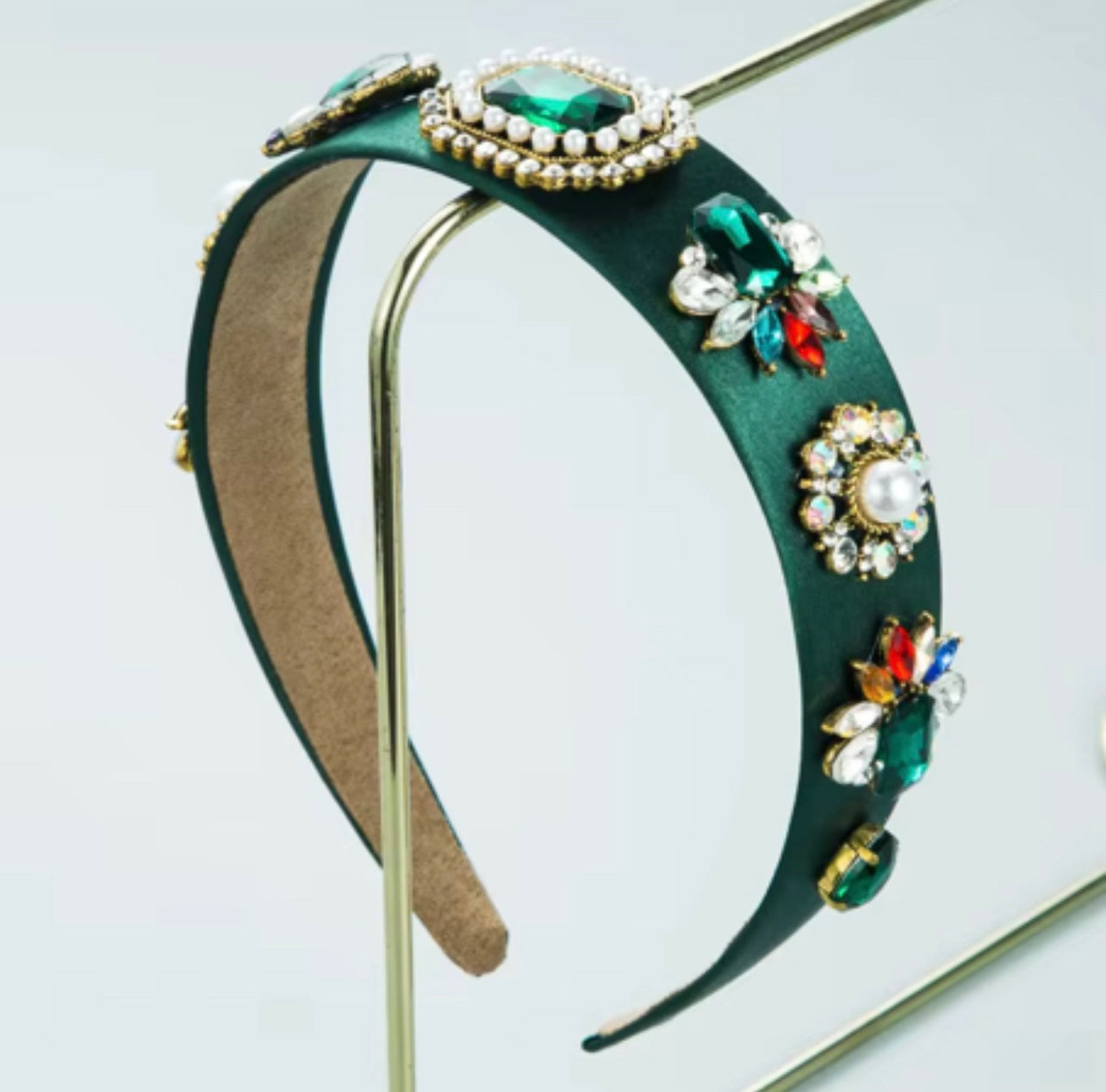 Fabric Baroque with Pearl Inlay Glass Diamond Headband Green