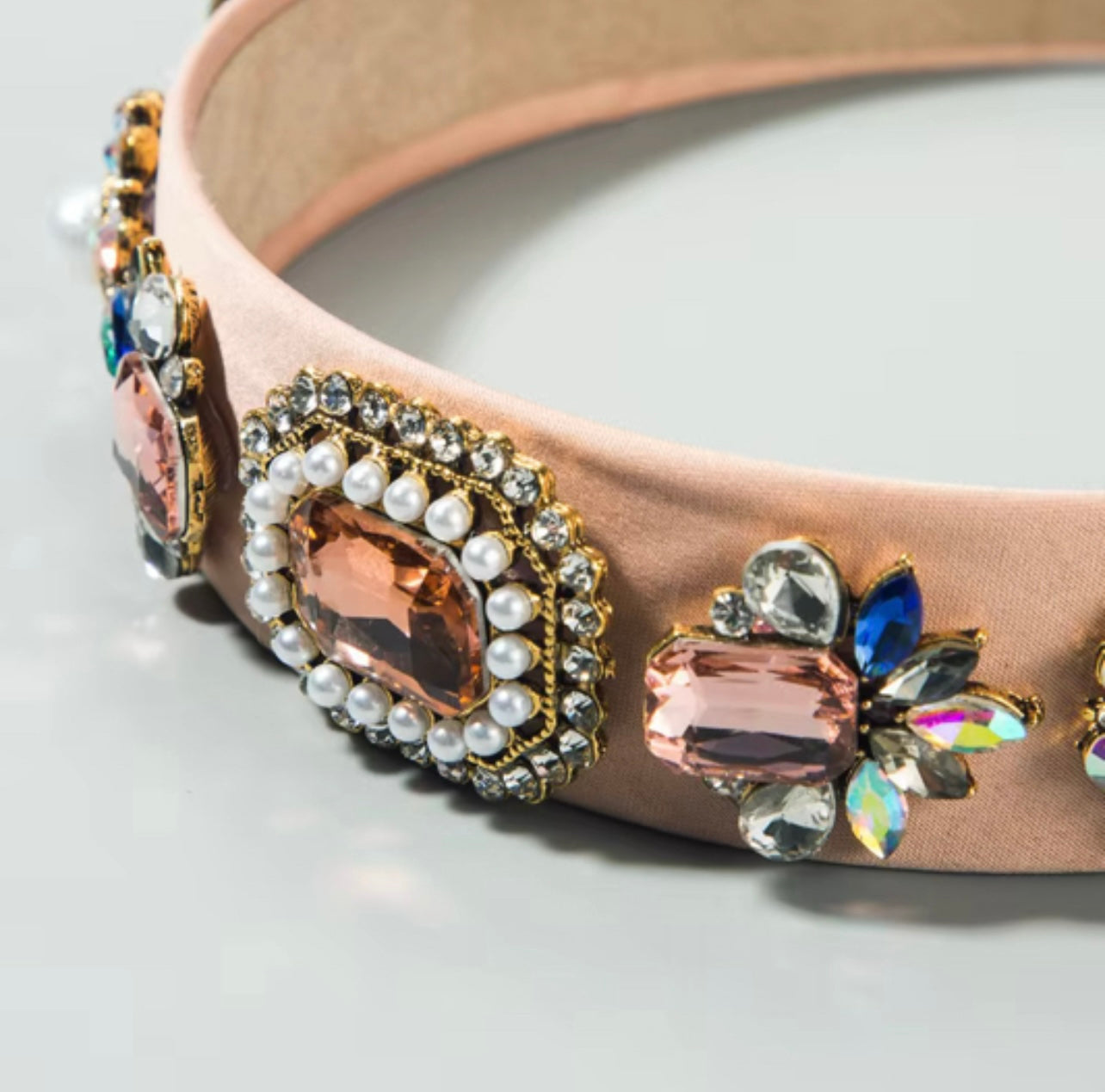Fabric Baroque with Pearl Inlay Glass Diamond Headband Apricot