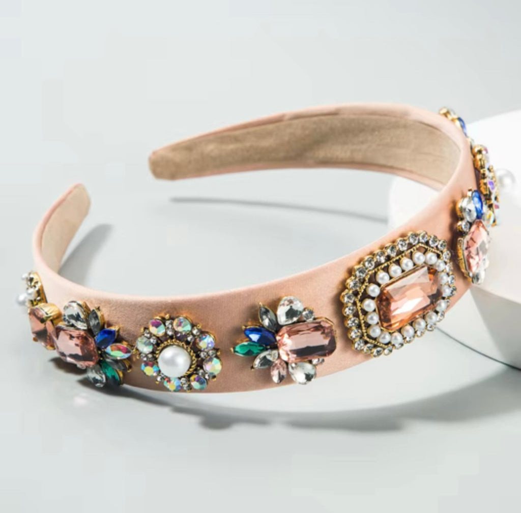 Fabric Baroque with Pearl Inlay Glass Diamond Headband Apricot