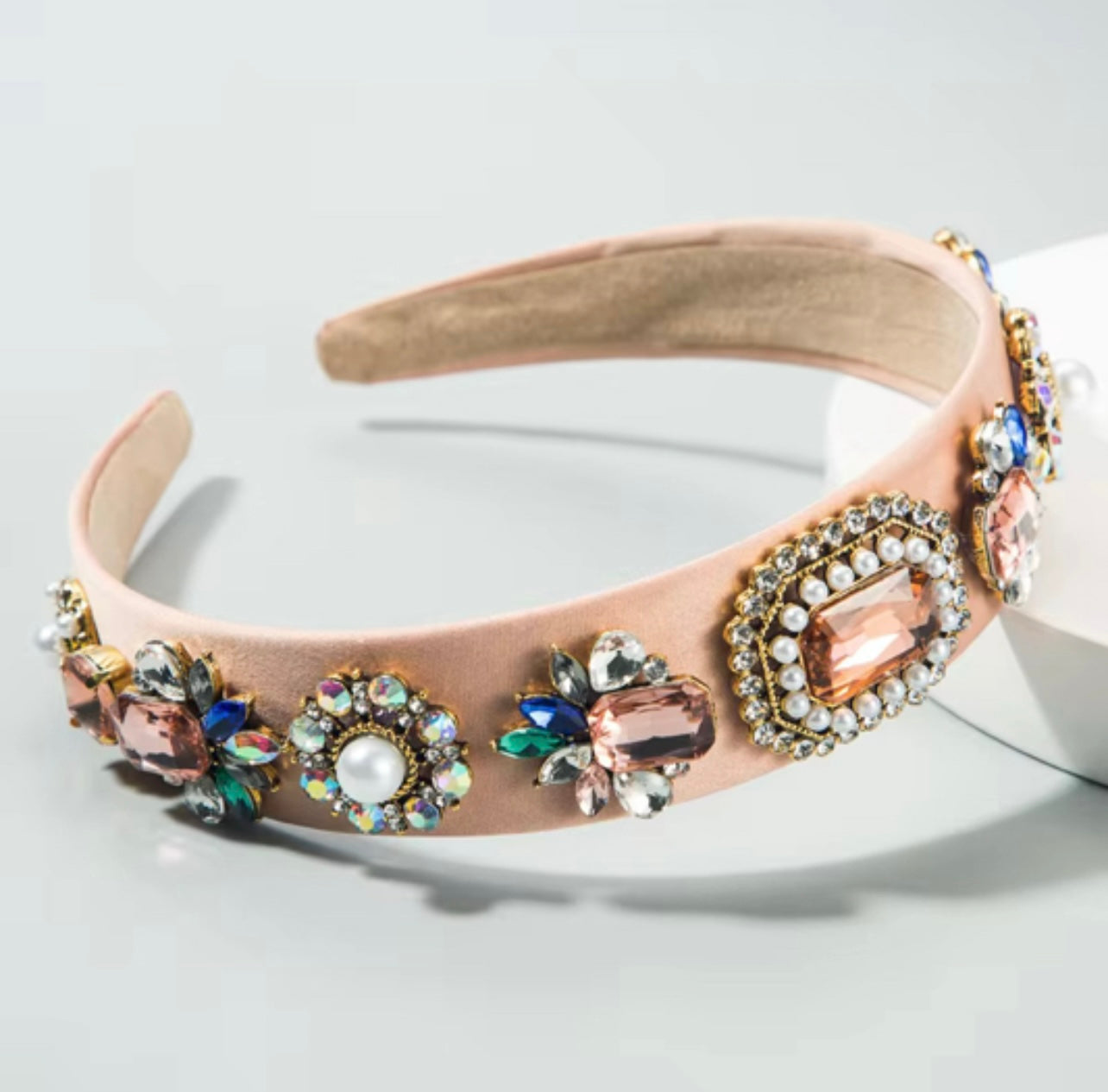 Fabric Baroque with Pearl Inlay Glass Diamond Headband Apricot