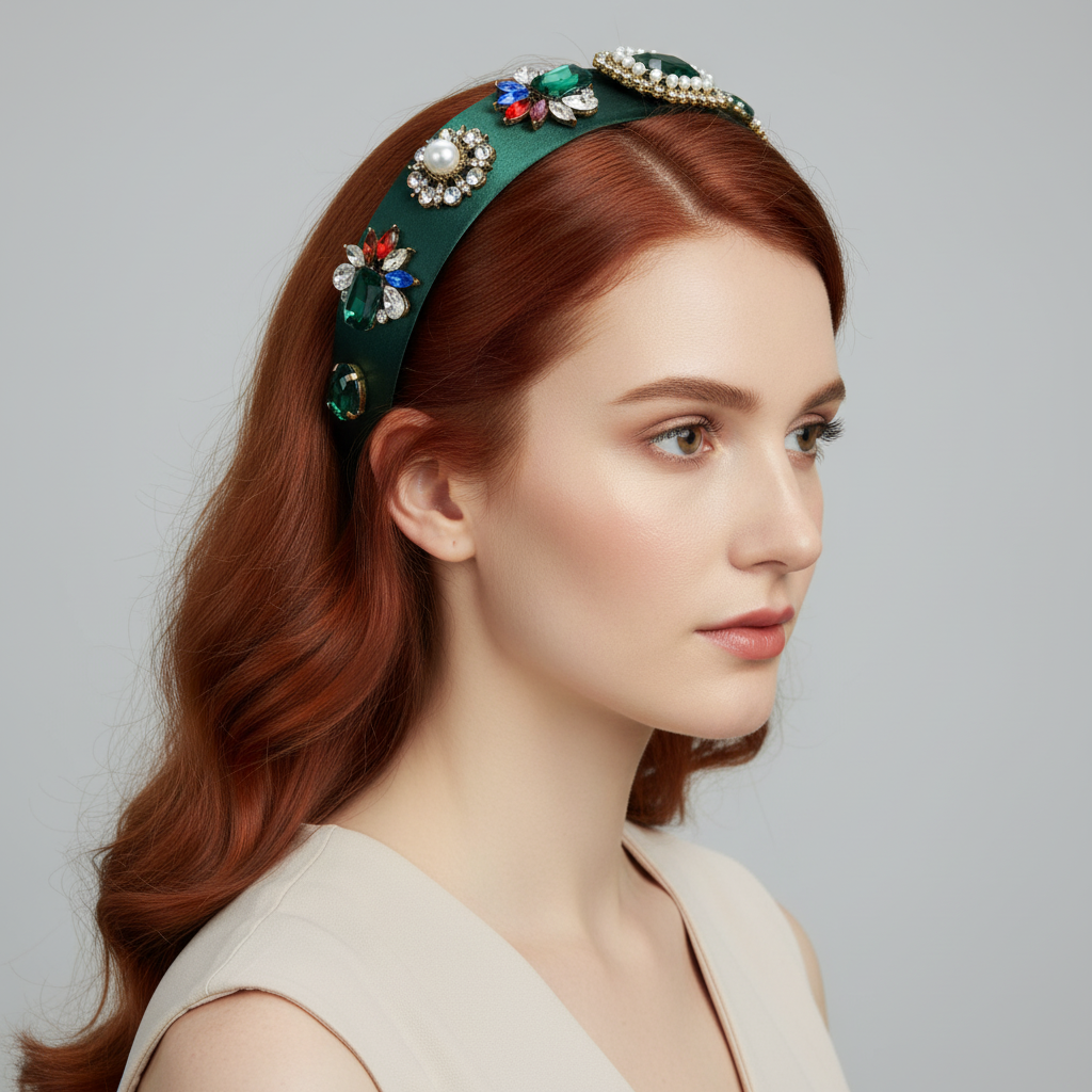 Fabric Baroque with Pearl Inlay Glass Diamond Headband Green