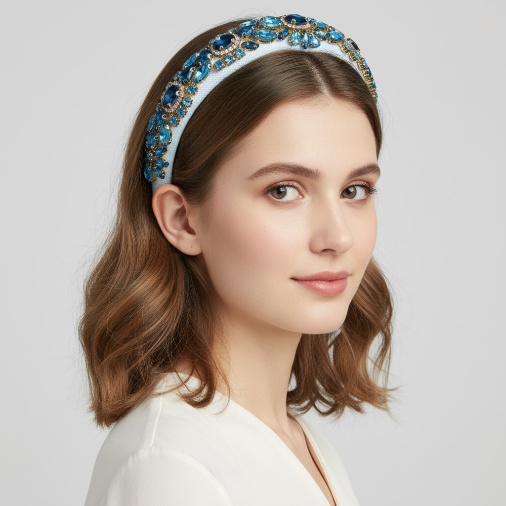 Fashion Luxury Crystal Padded Headband Womans Diamond Rhinestone Blue