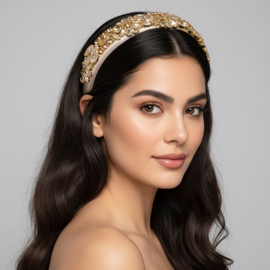 Fashion Luxury Crystal Padded Headband Womans Diamond Rhinestone Gold
