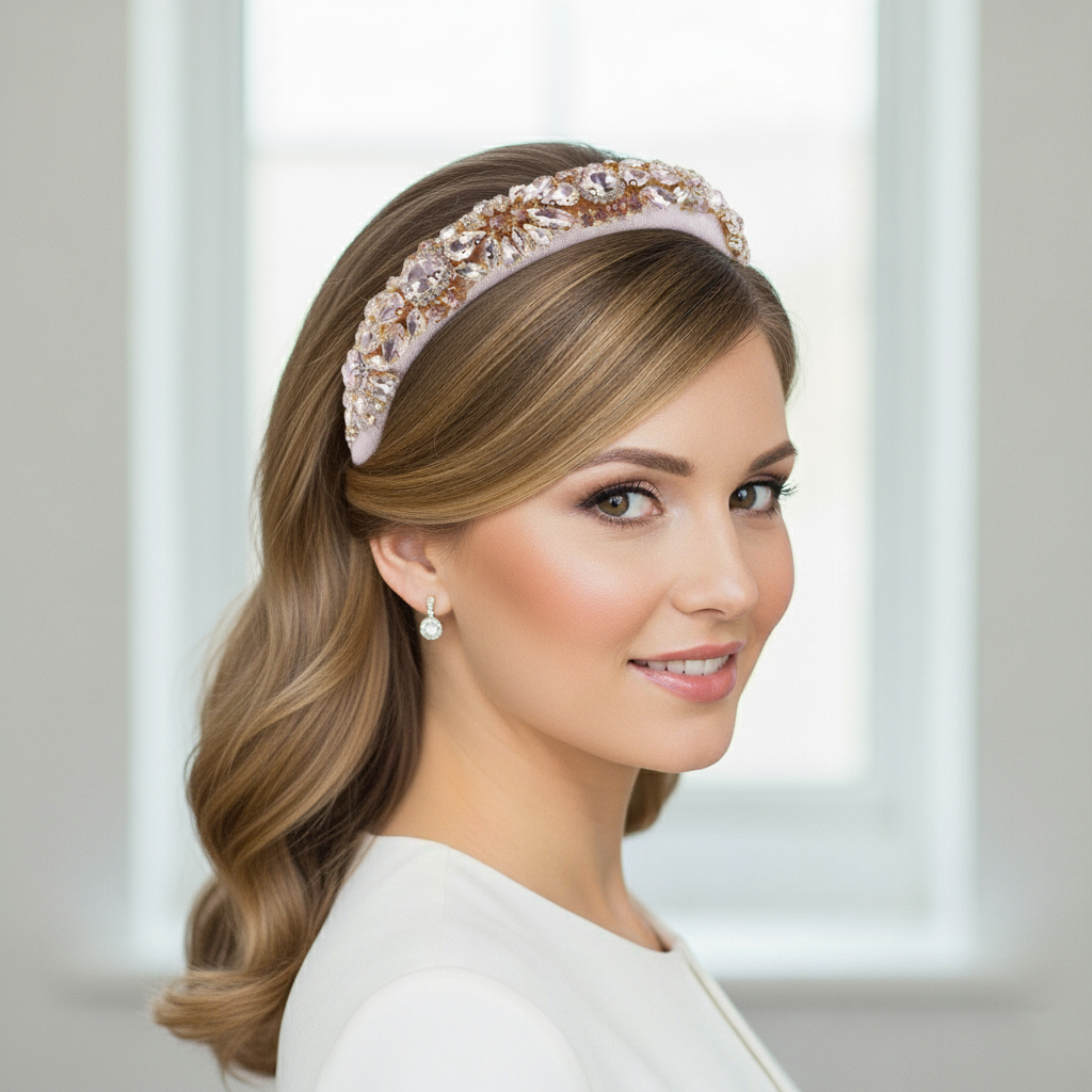 Fashion Luxury Crystal Padded Headband Womans Diamond Rhinestone Soft Pink