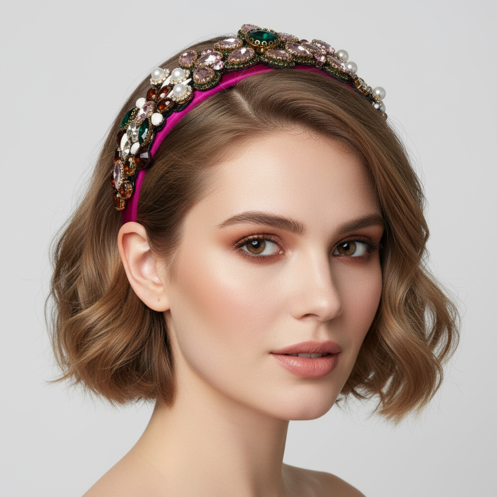High Quality Ladies Spring Rhinestone Headband Baroque Coloured Glass Diamond Pearl Headband Hot Pink