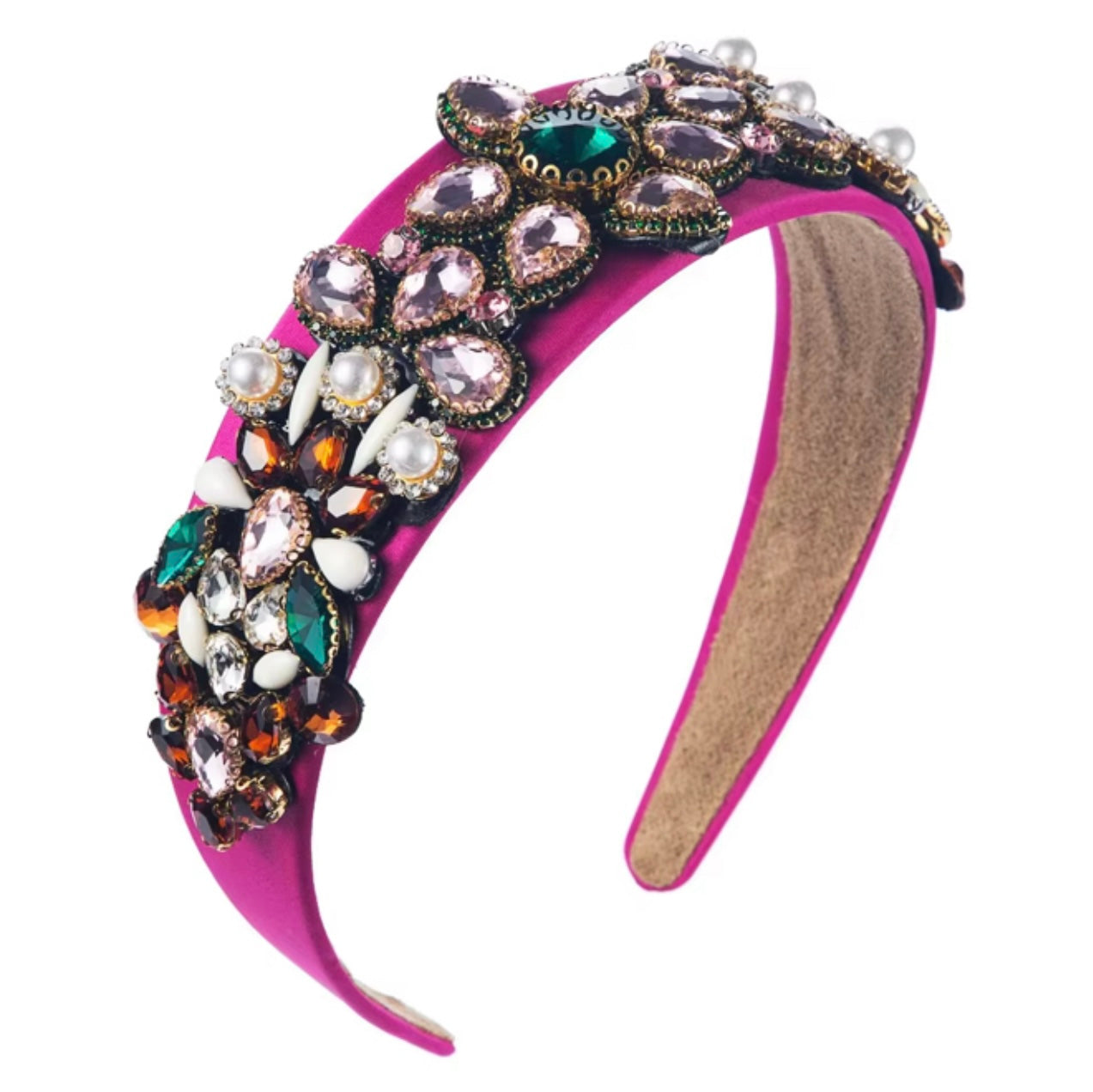 High Quality Ladies Spring Rhinestone Headband Baroque Coloured Glass Diamond Pearl Headband Hot Pink