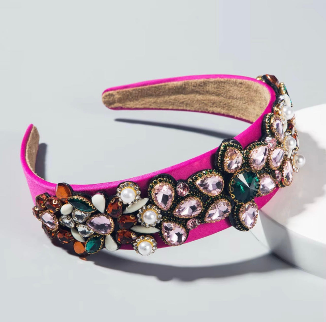 High Quality Ladies Spring Rhinestone Headband Baroque Coloured Glass Diamond Pearl Headband Hot Pink