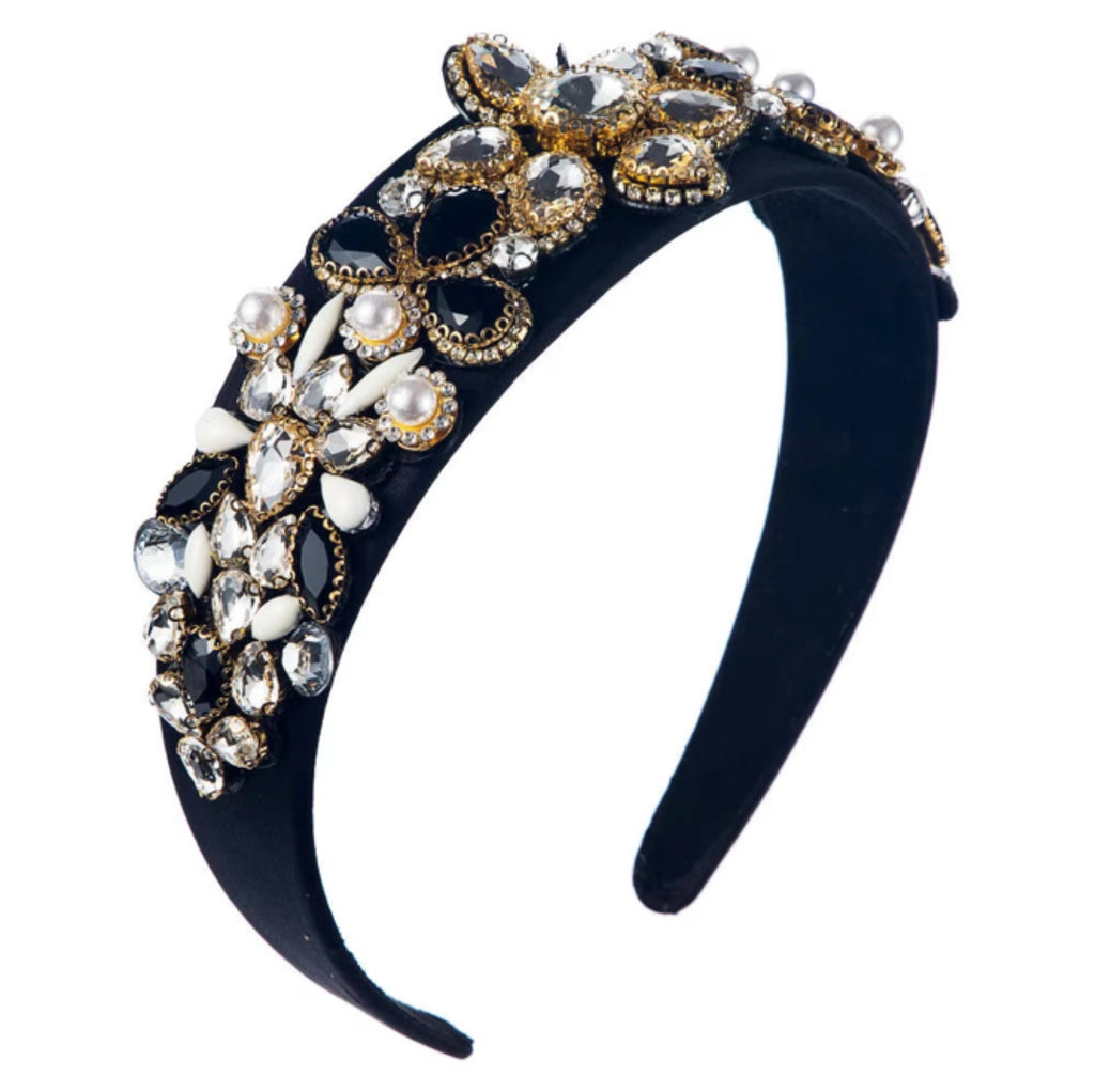 High Quality Ladies Spring Rhinestone Headband Baroque Coloured Glass Diamond Pearl Headband Black
