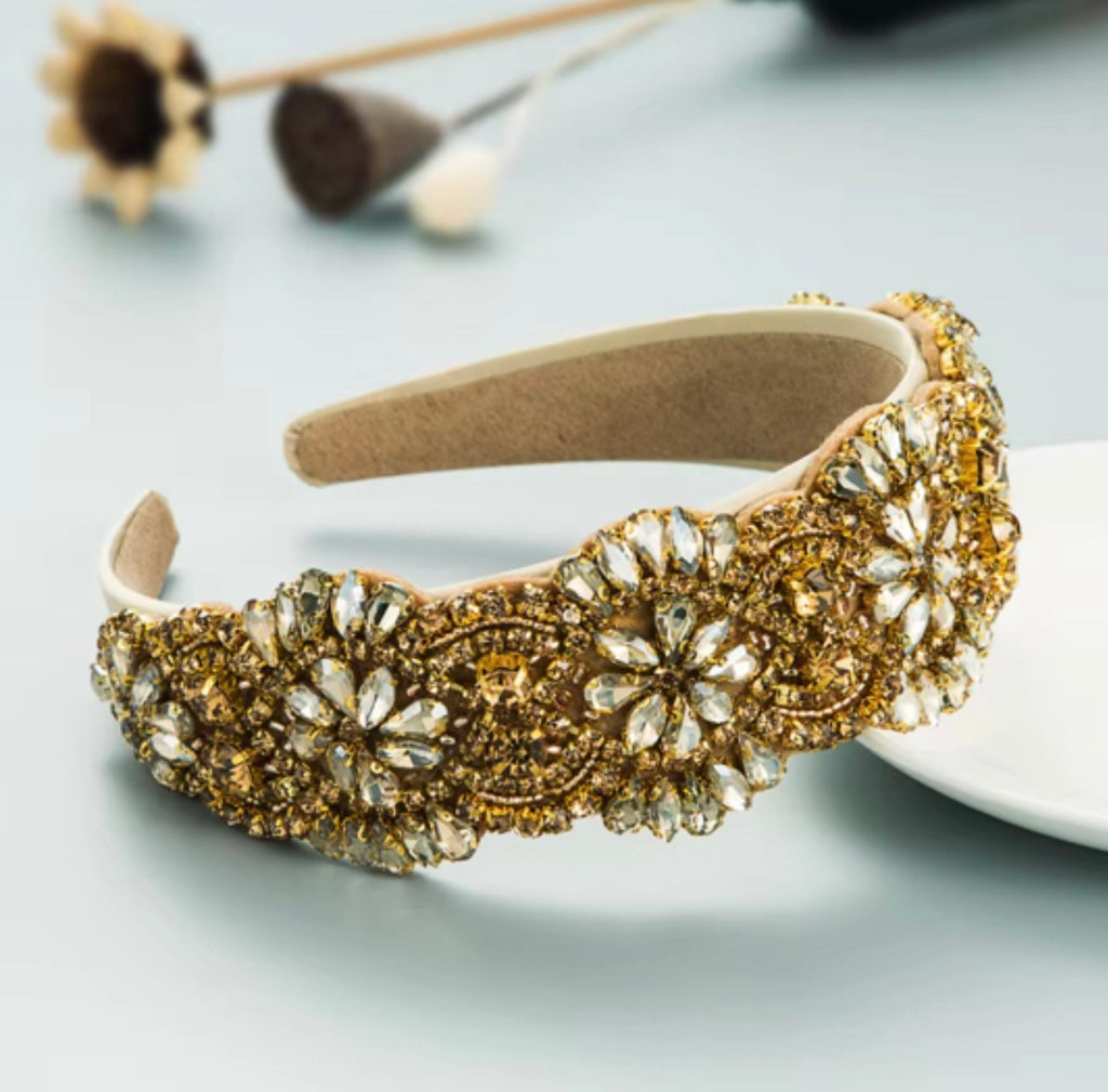 Luxury Baroque Handmade Glass Rhinestone Drill Flower Headband Gold
