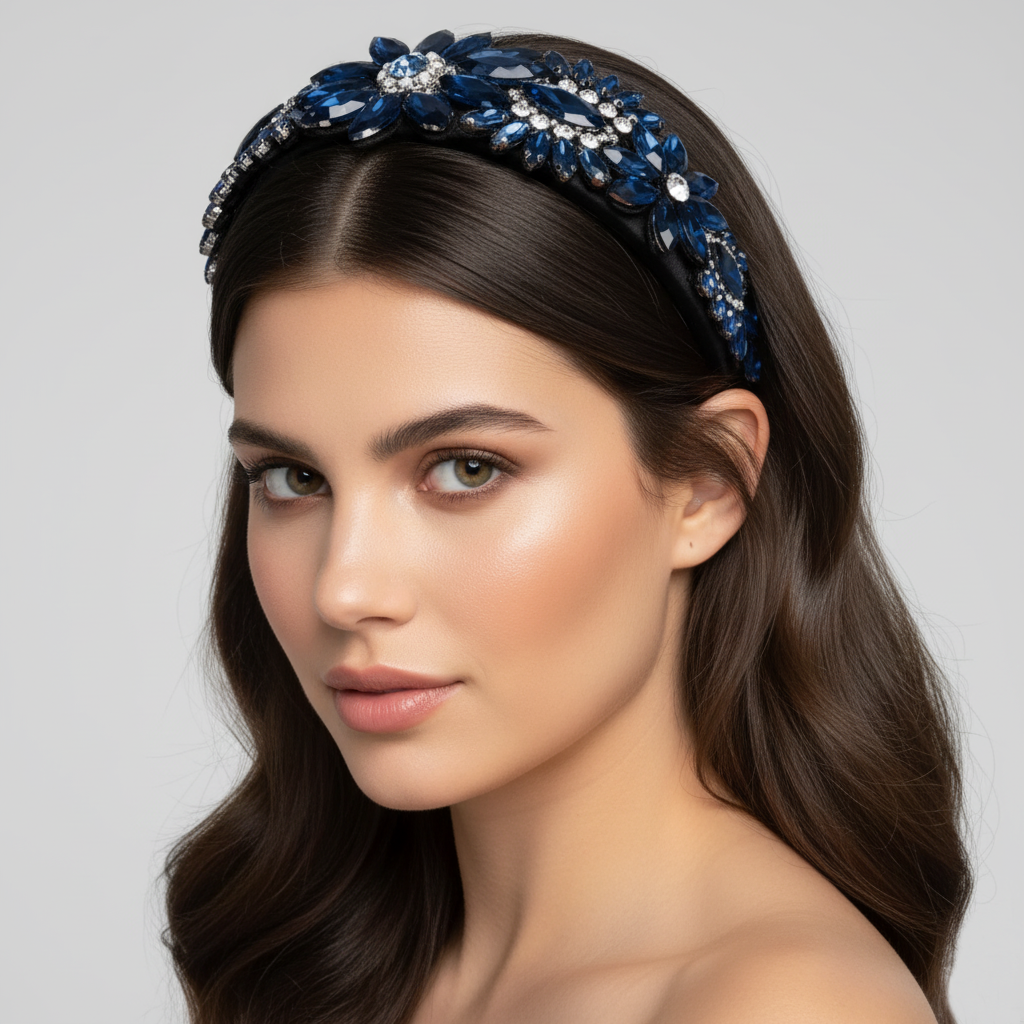 Luxury Baroque Shiny Navy Blue Crystal Flower Wide Sponge Headband Rhinestone