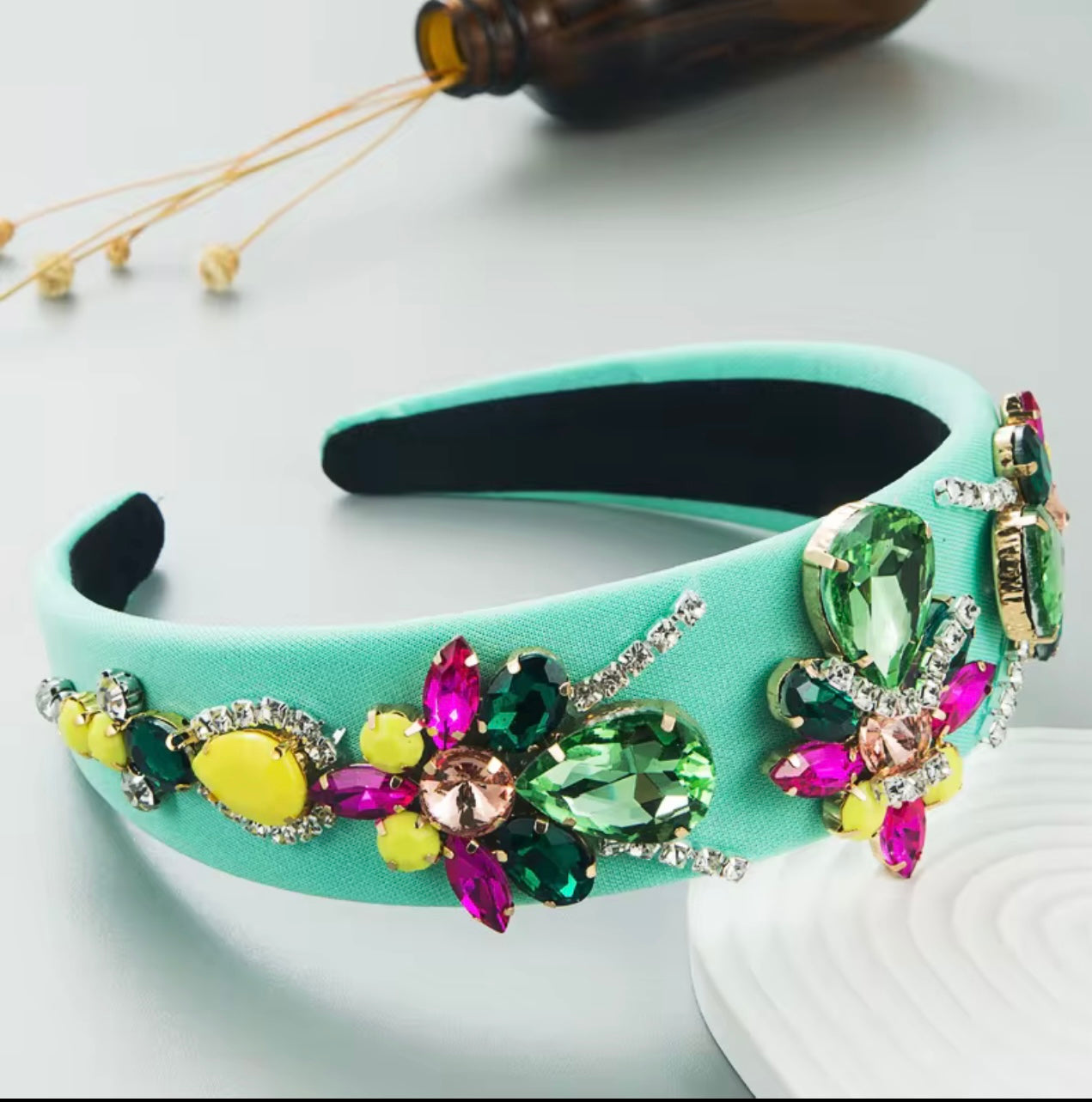 New Fashion Colorful Rhinestone Crystal Baroque Headband Luxury Mint Green