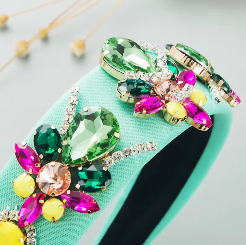 New Fashion Colorful Rhinestone Crystal Baroque Headband Luxury Mint Green