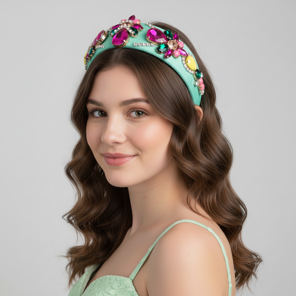 New Fashion Colorful Rhinestone Crystal Baroque Headband Luxury Mint Green