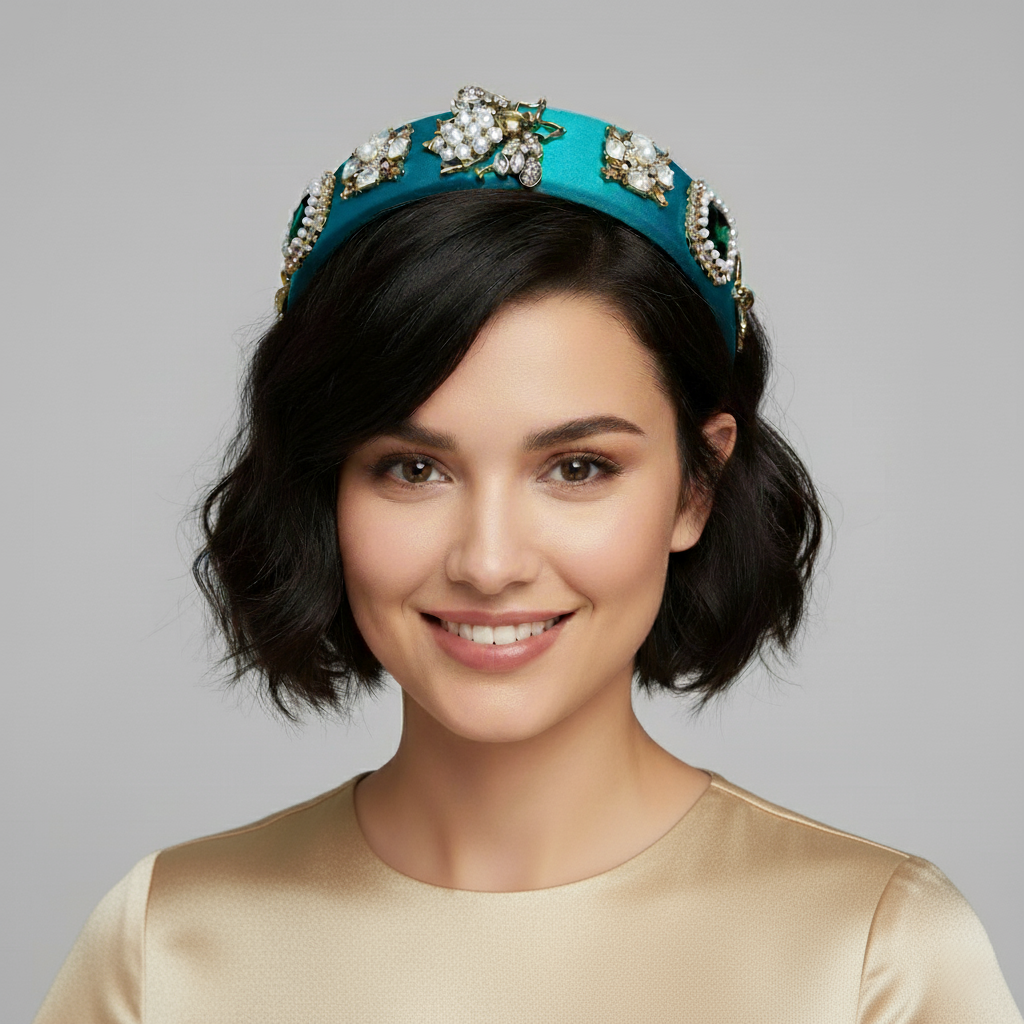 Retro Crystal Baroque Headband Insect Flower Pattern Design Pearl Rhinestone Green