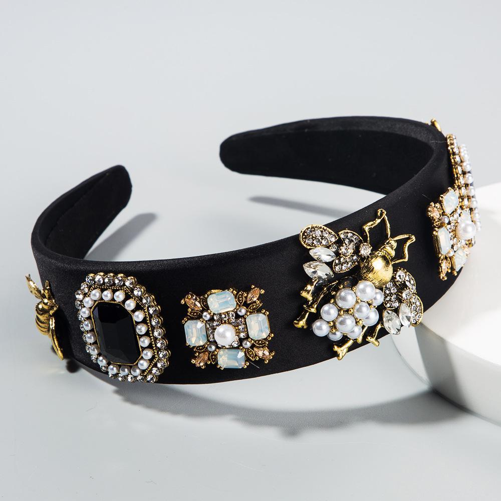 Retro Crystal Baroque Headband Insect Flower Pattern Design Pearl Rhinestone Black