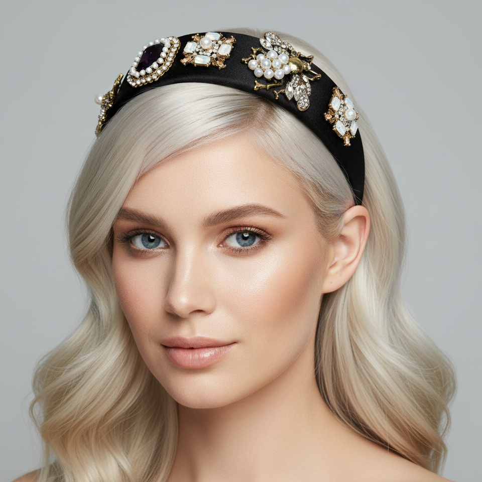 Retro Crystal Baroque Headband Insect Flower Pattern Design Pearl Rhinestone Black