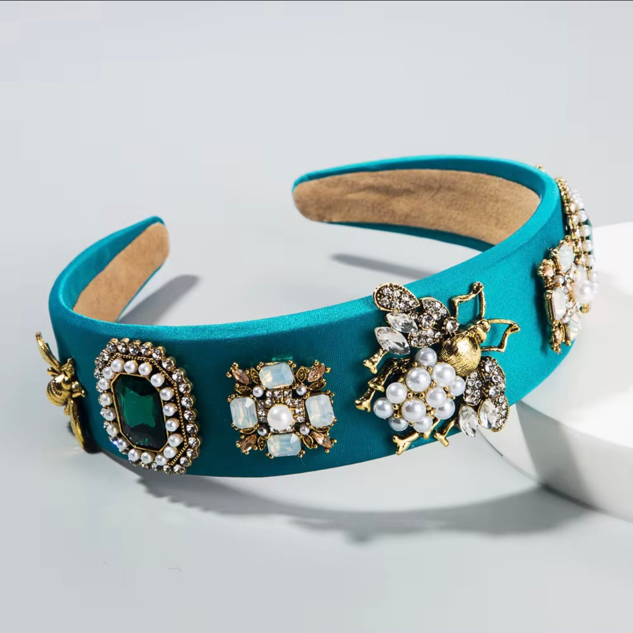 Retro Crystal Baroque Headband Insect Flower Pattern Design Pearl Rhinestone Green