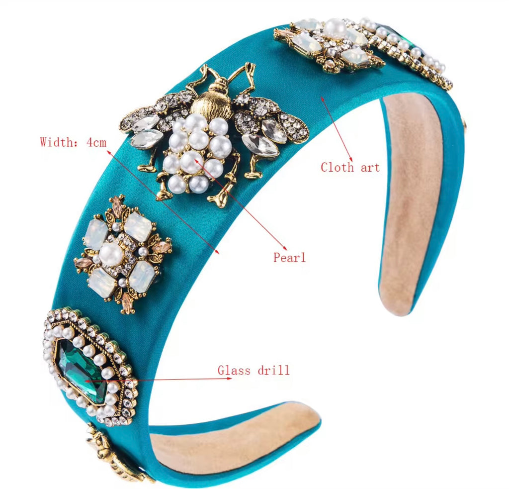 Retro Crystal Baroque Headband Insect Flower Pattern Design Pearl Rhinestone Green