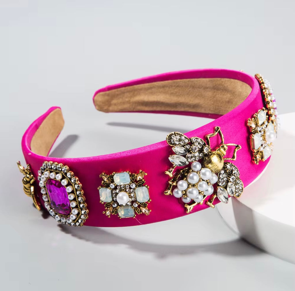 Retro Crystal Baroque Headband Insect Flower Pattern Design Pearl Rhinestone Hot Pink