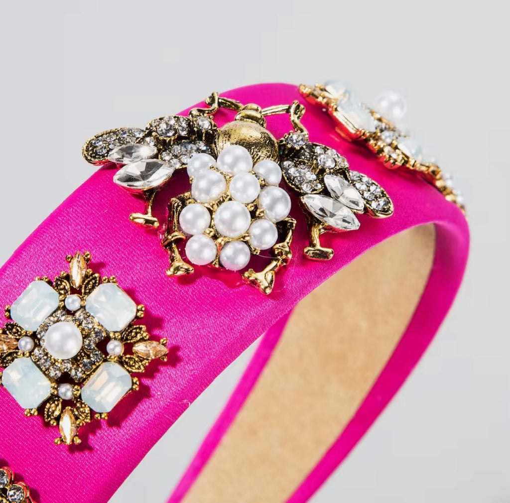 Retro Crystal Baroque Headband Insect Flower Pattern Design Pearl Rhinestone Hot Pink