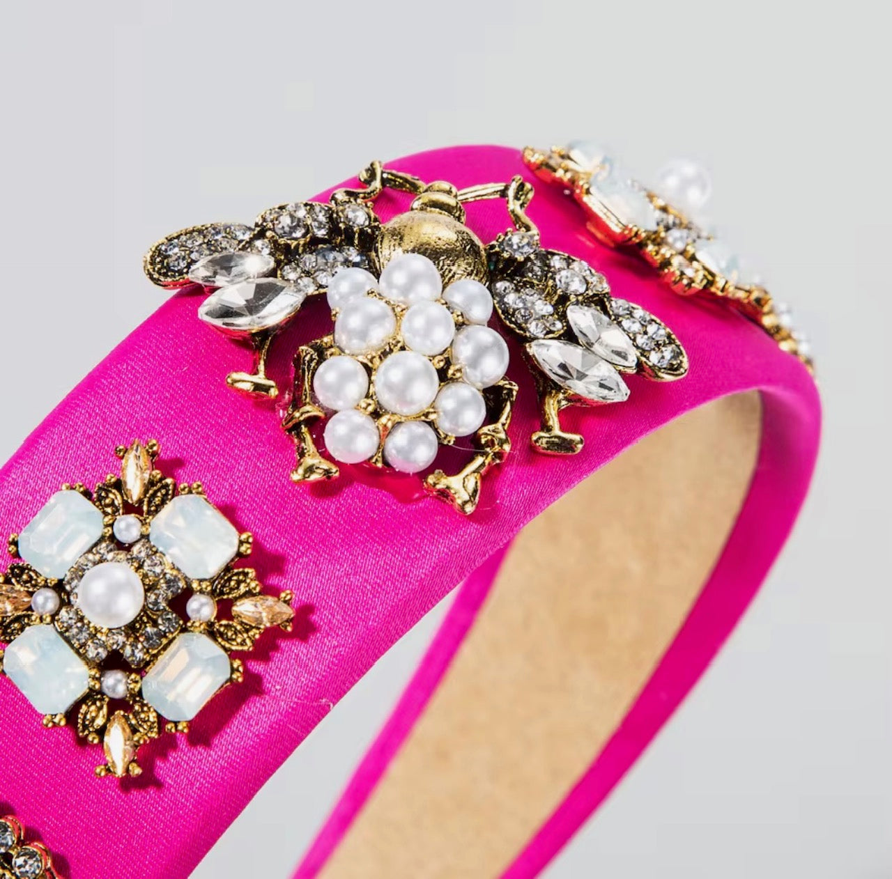 Retro Crystal Baroque Headband Insect Flower Pattern Design Pearl Rhinestone Hot Pink