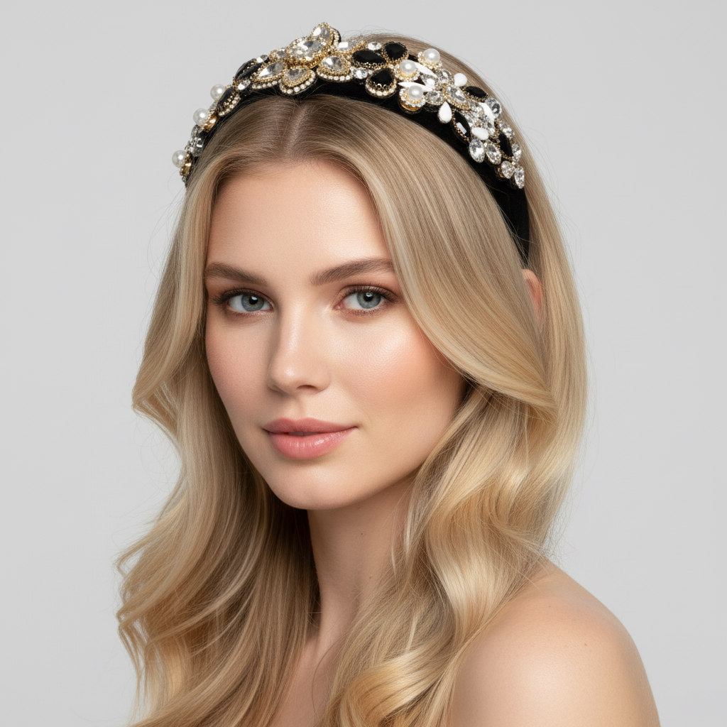 High Quality Ladies Spring Rhinestone Headband Baroque Coloured Glass Diamond Pearl Headband Black