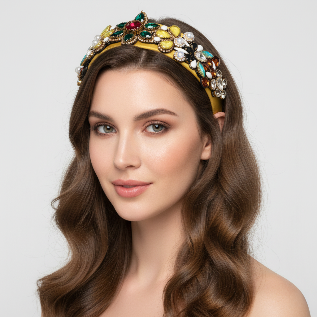High Quality Ladies Spring Rhinestone Headband Baroque Coloured Glass Diamond Pearl Headband Yellow