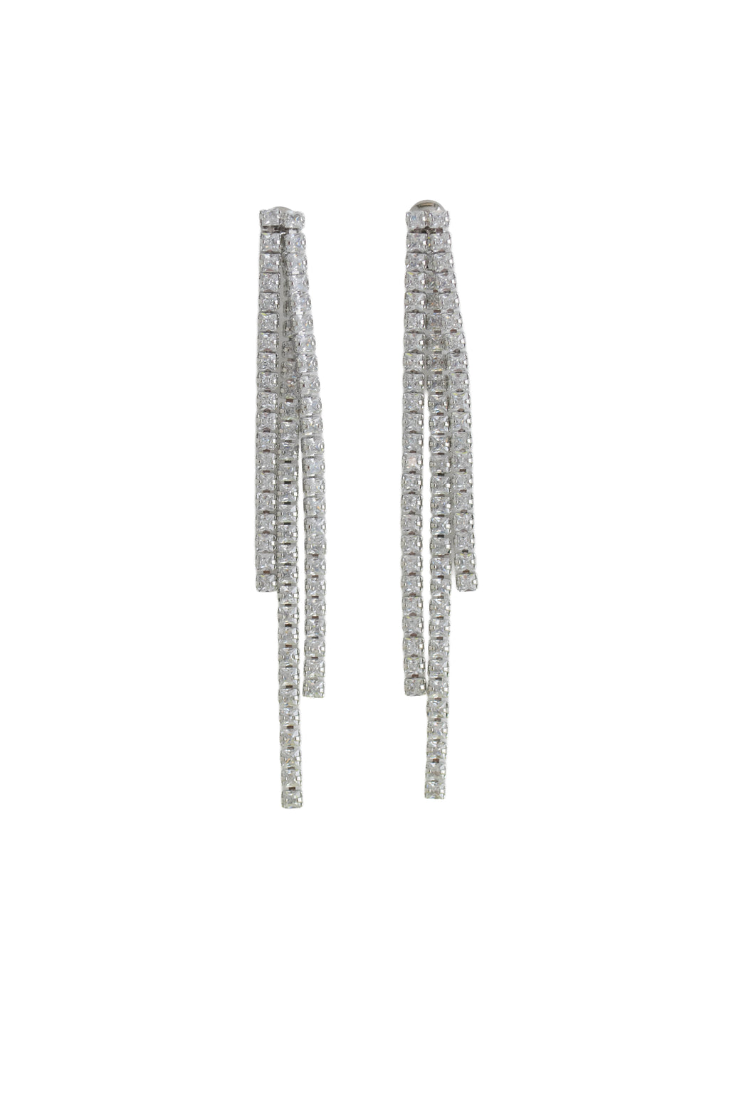 silver fringe earrings featuring two strands of brilliant crystals