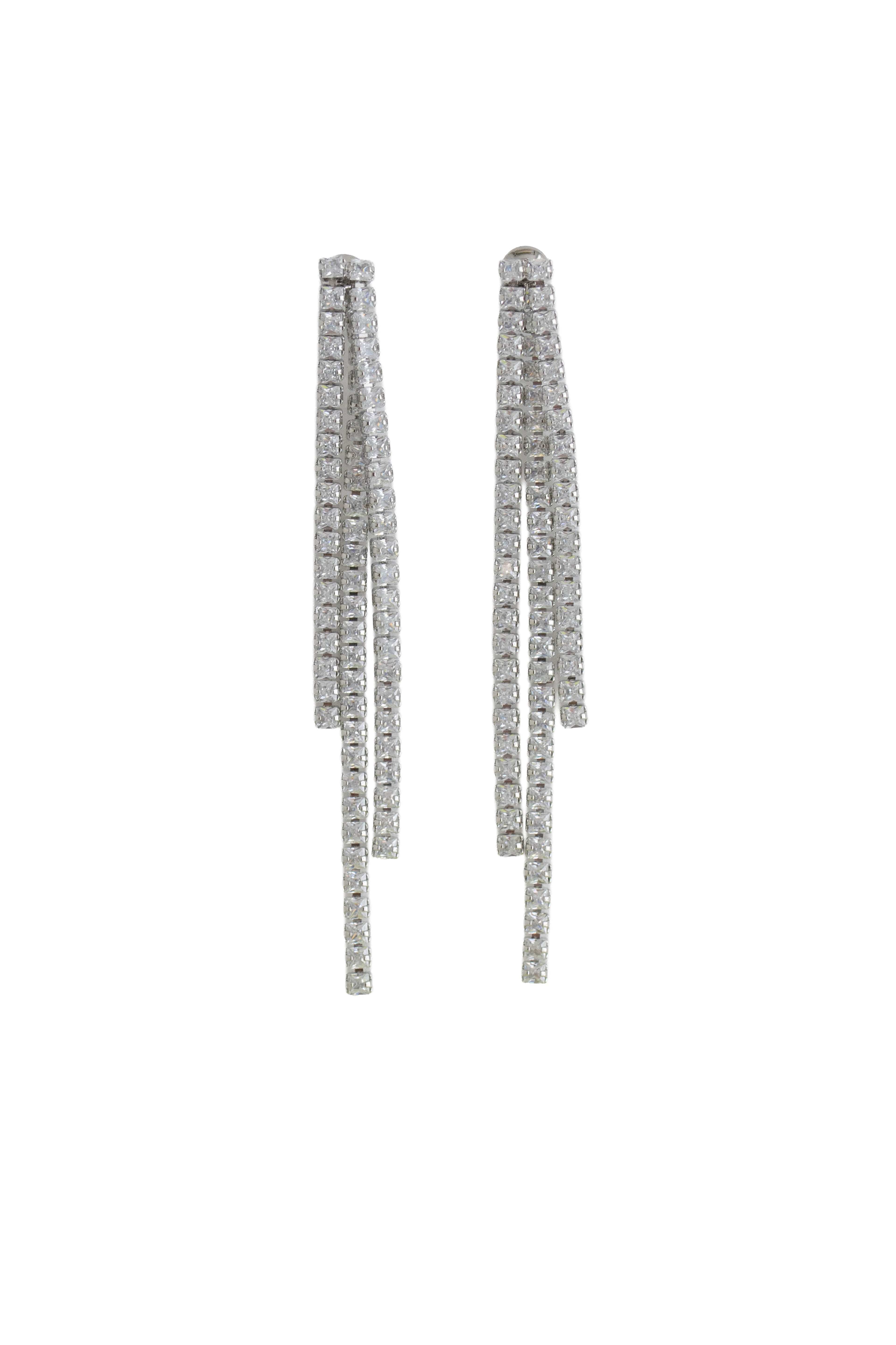 silver fringe earrings featuring two strands of brilliant crystals