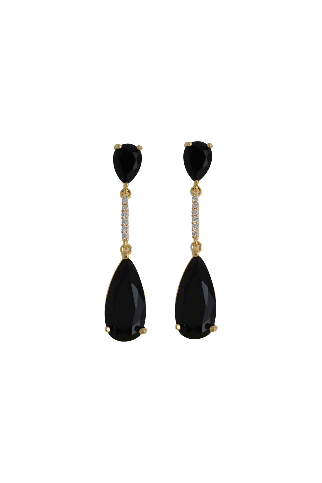 black rhinestone drop earrings on a gold setting
