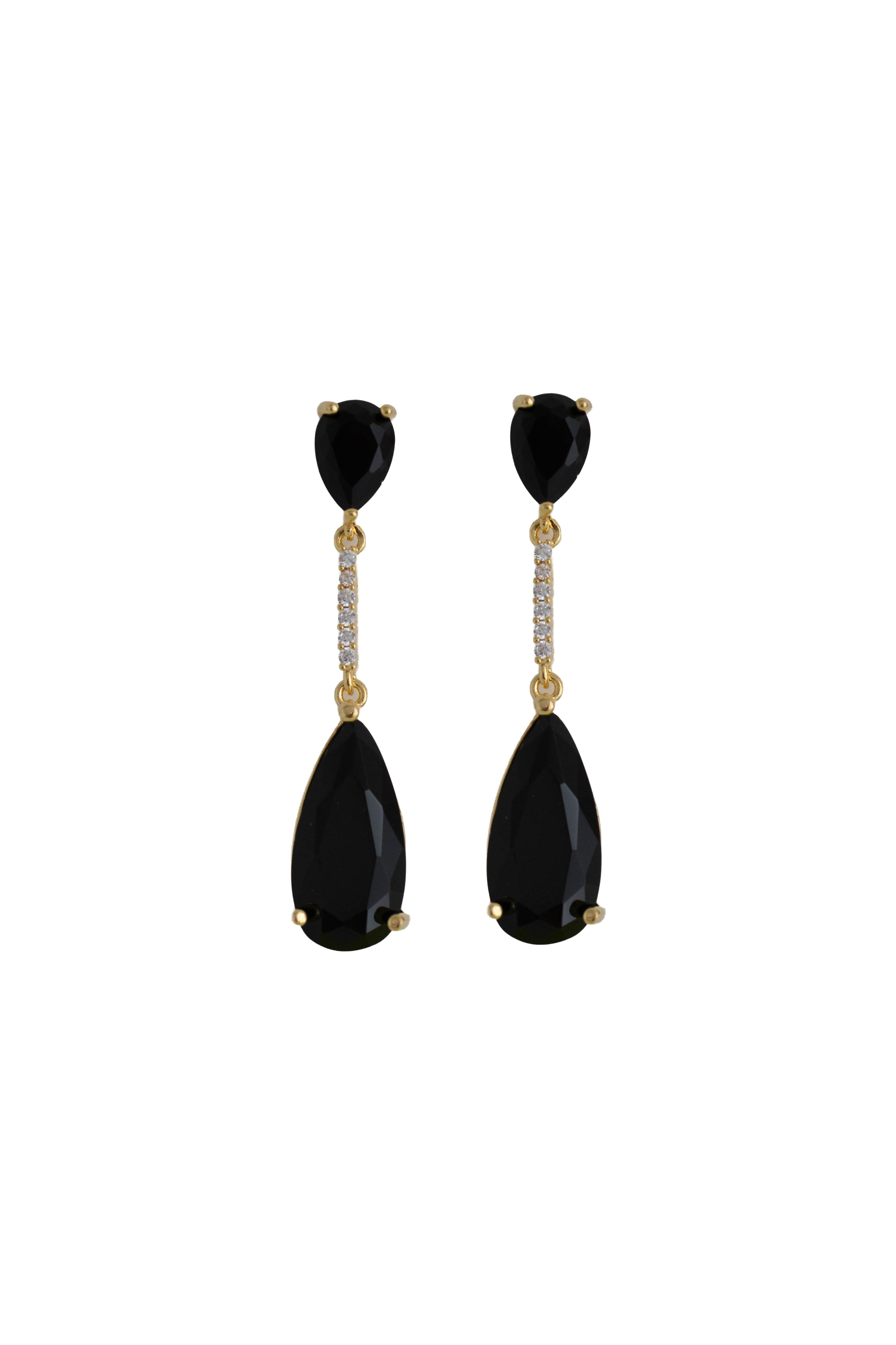 black rhinestone drop earrings on a gold setting