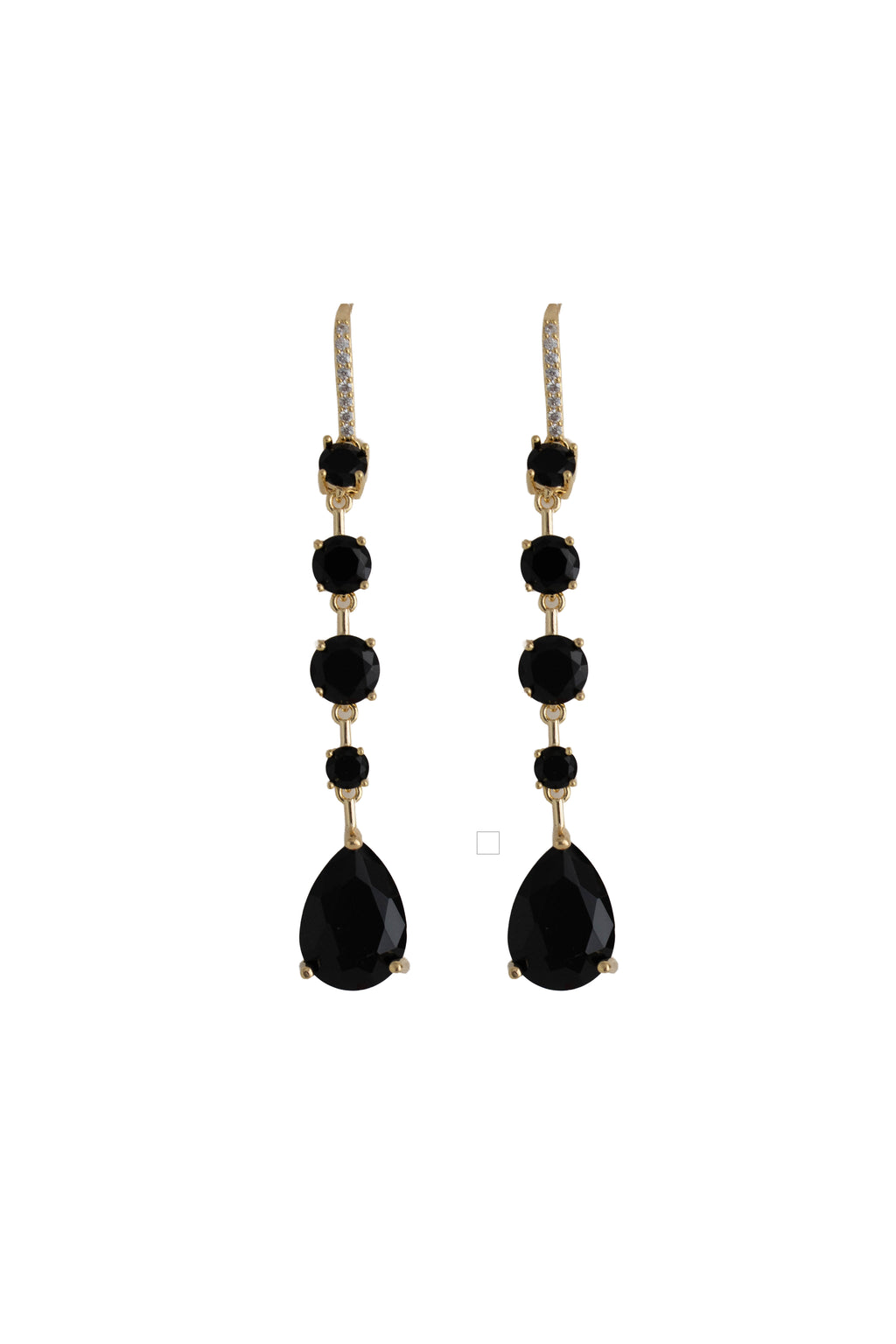 black rhinestone drop earrings on a gold setting
