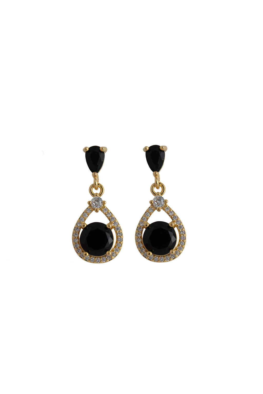 black rhinestone drop earrings on a gold setting