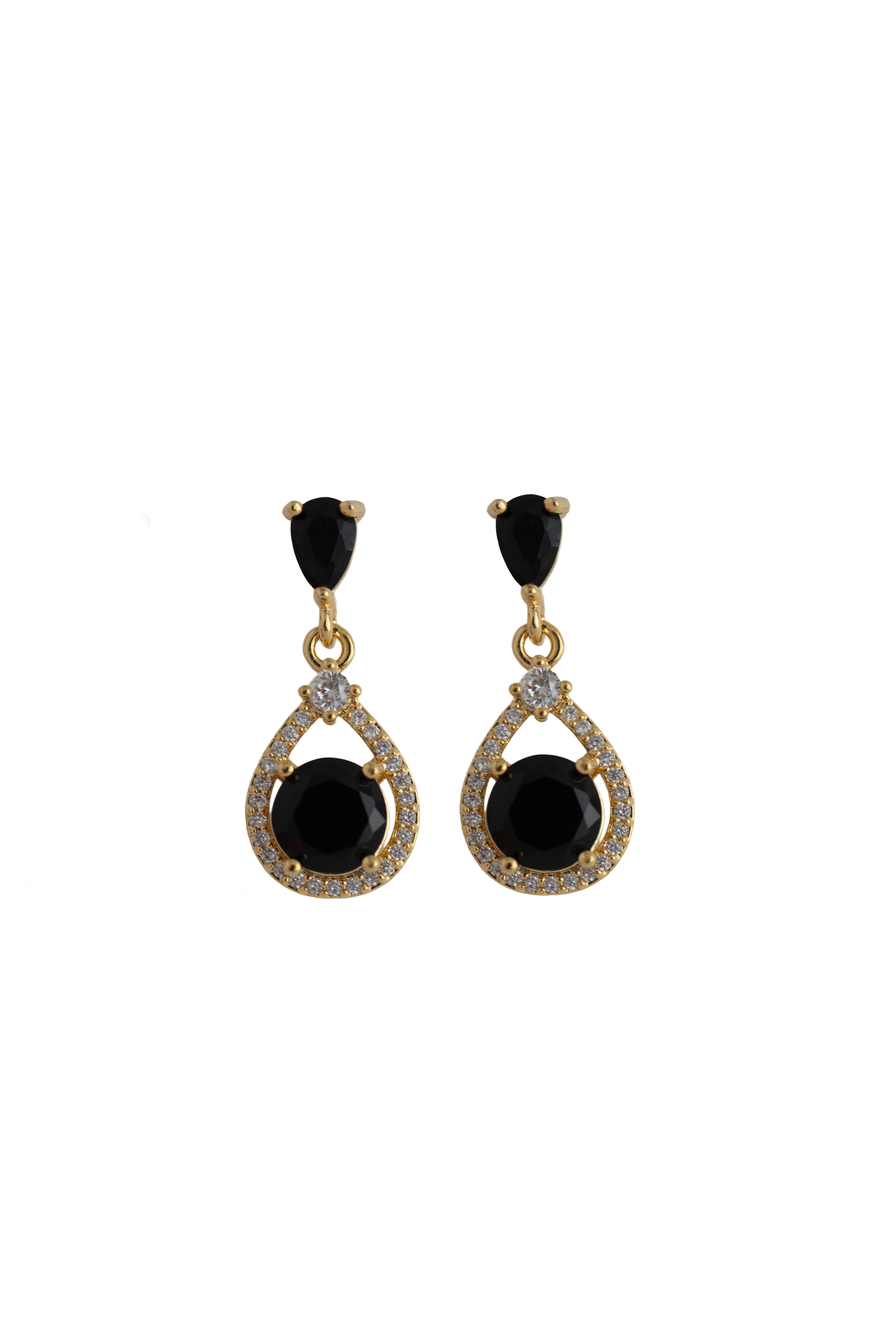 black rhinestone drop earrings on a gold setting