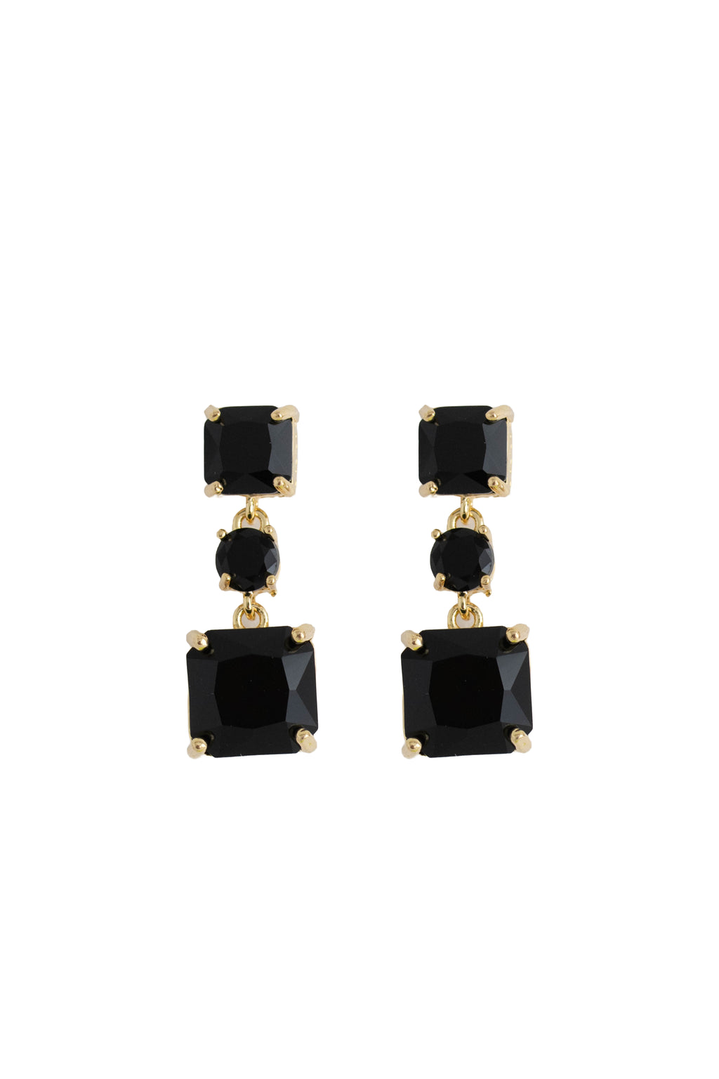 black rhinestone drop earrings on a gold setting