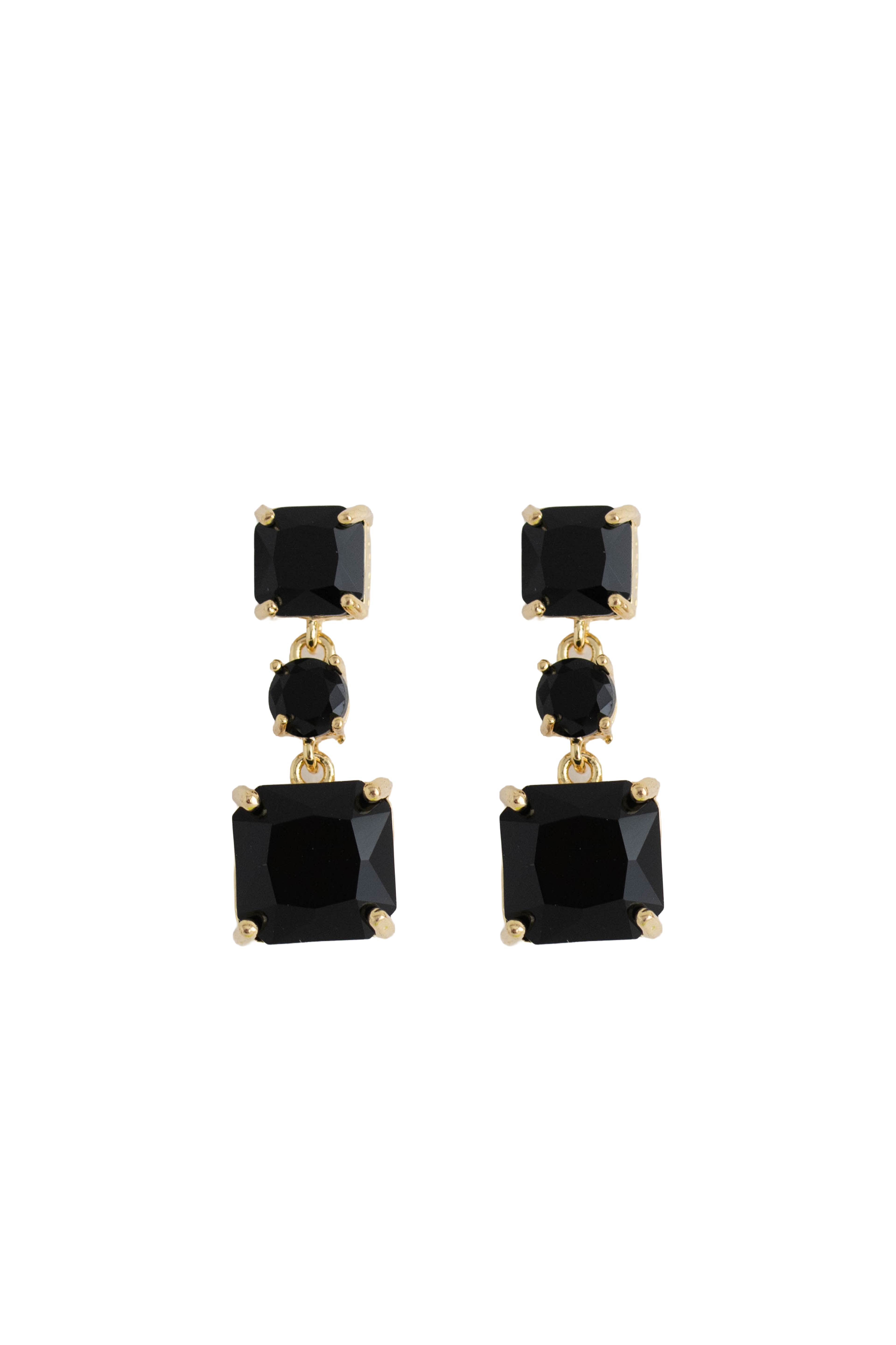 black rhinestone drop earrings on a gold setting