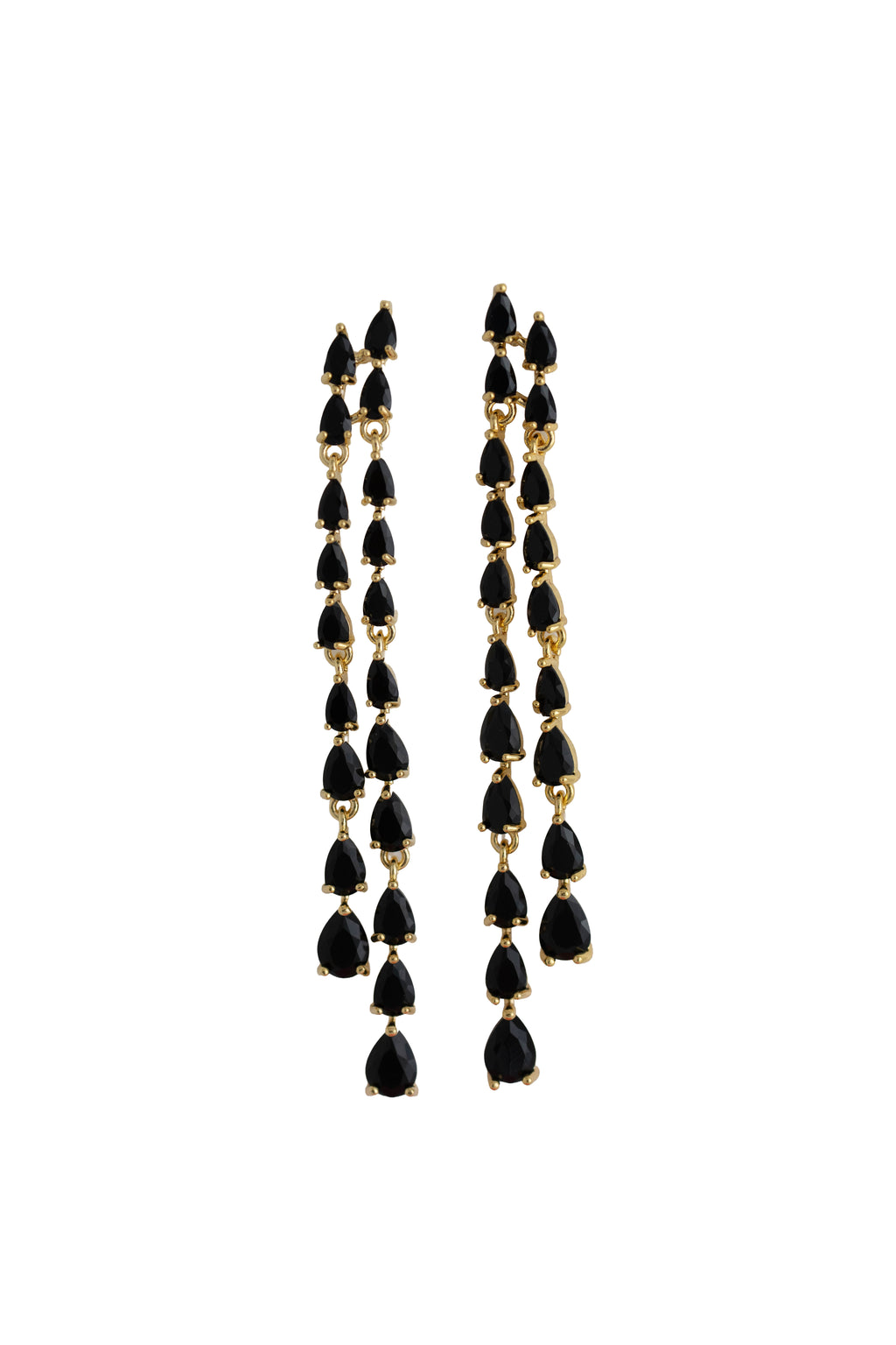 black rhinestone fringe earrings on a gold setting