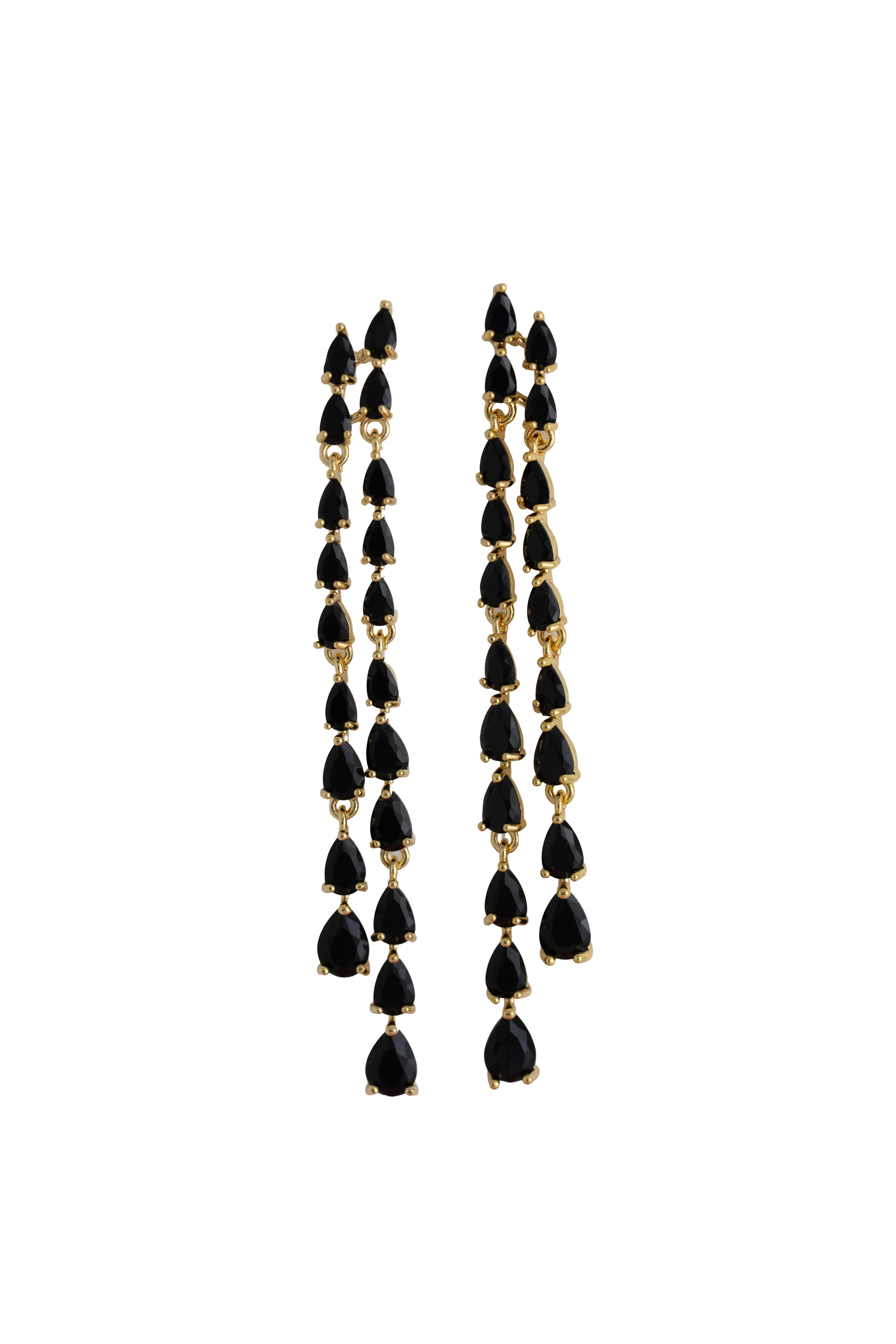 black rhinestone fringe earrings on a gold setting