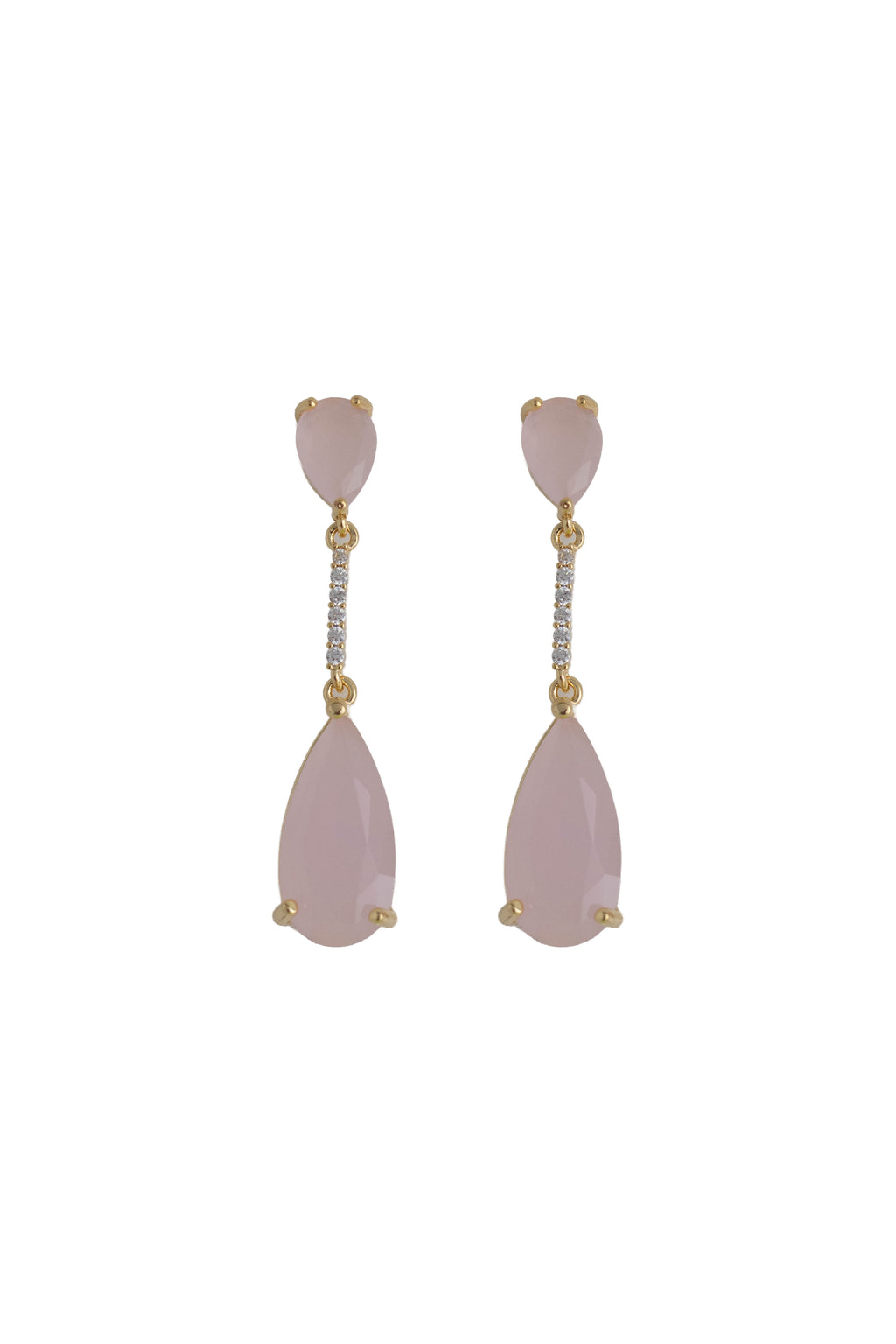 blush pink rhinestone drop earrings on a gold setting