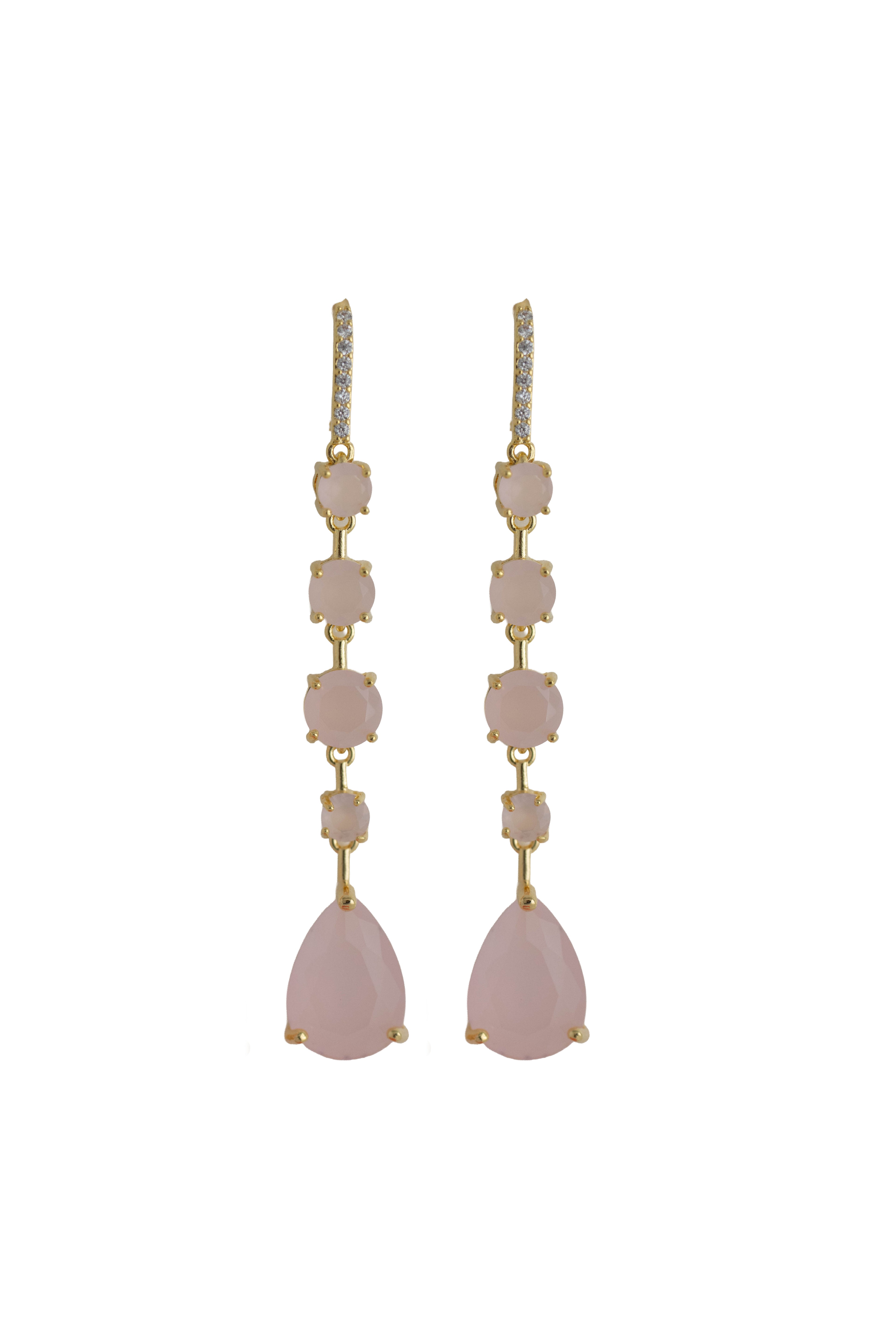 blush pink rhinestone drop earrings on a gold setting