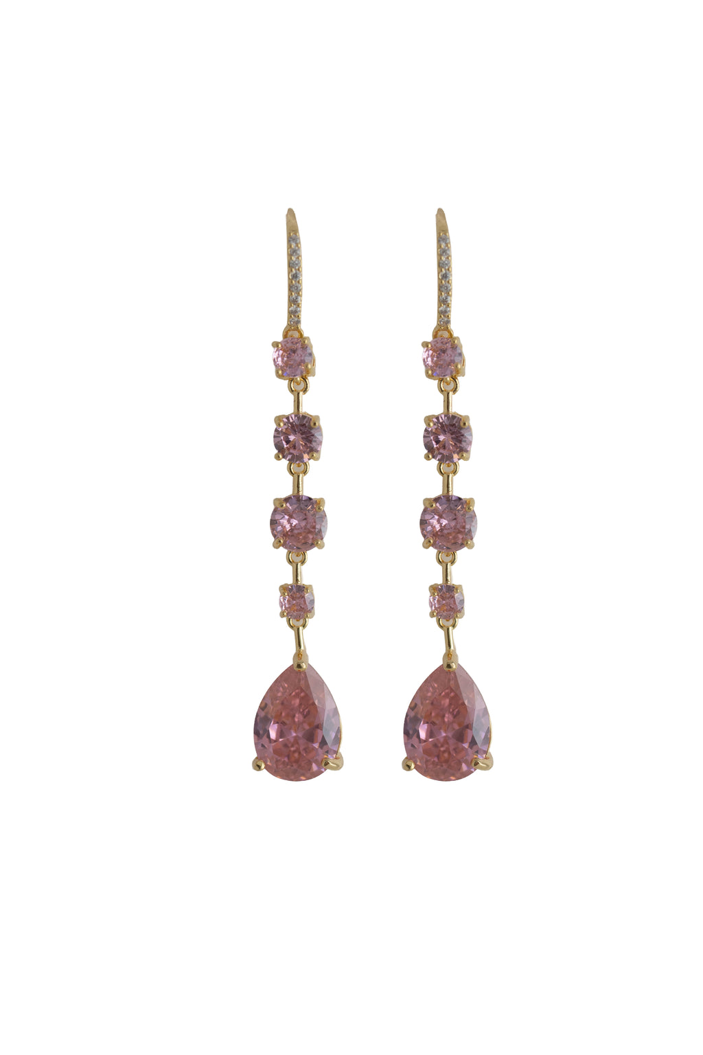 blush pink rhinestone drop earrings on a gold setting