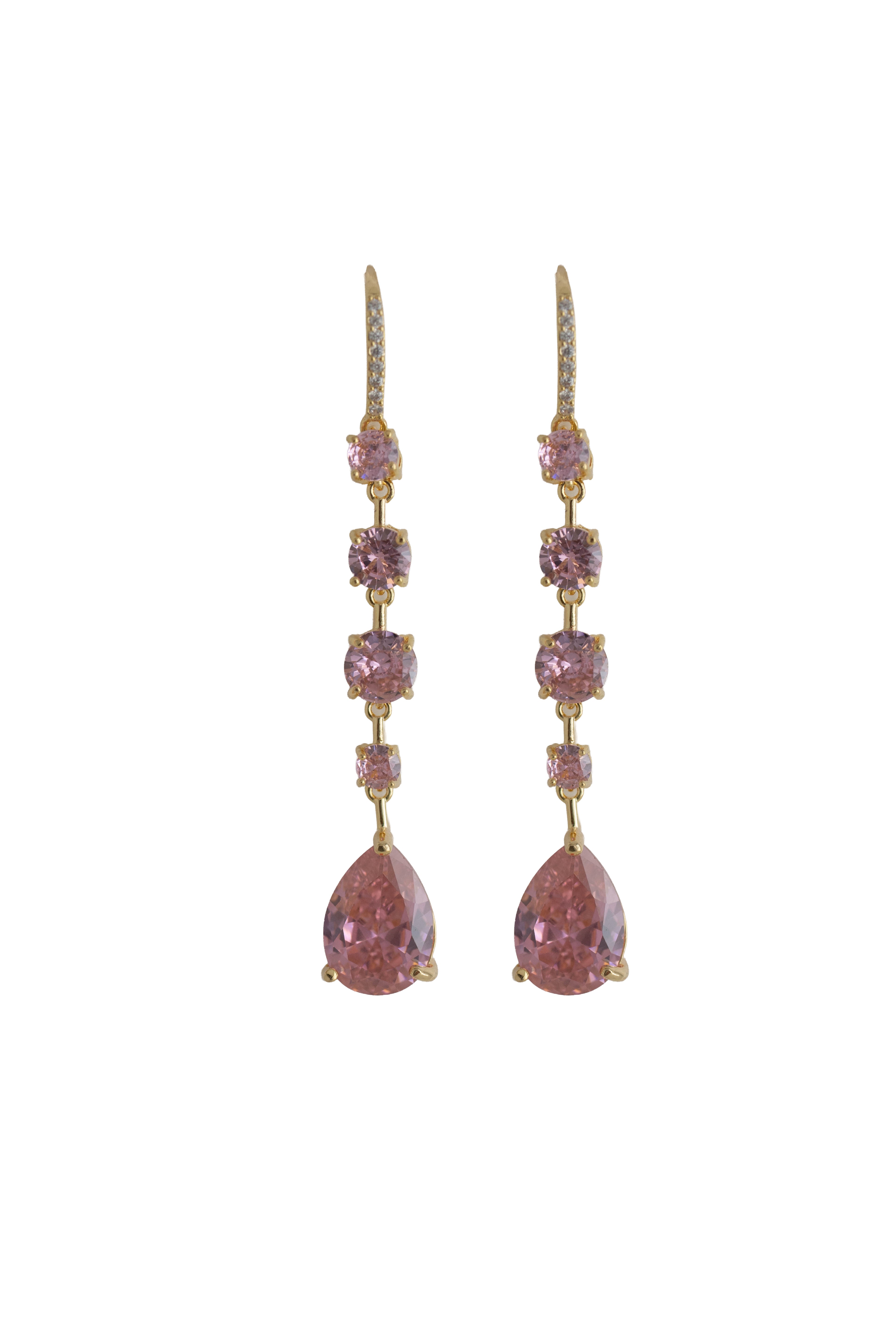 blush pink rhinestone drop earrings on a gold setting