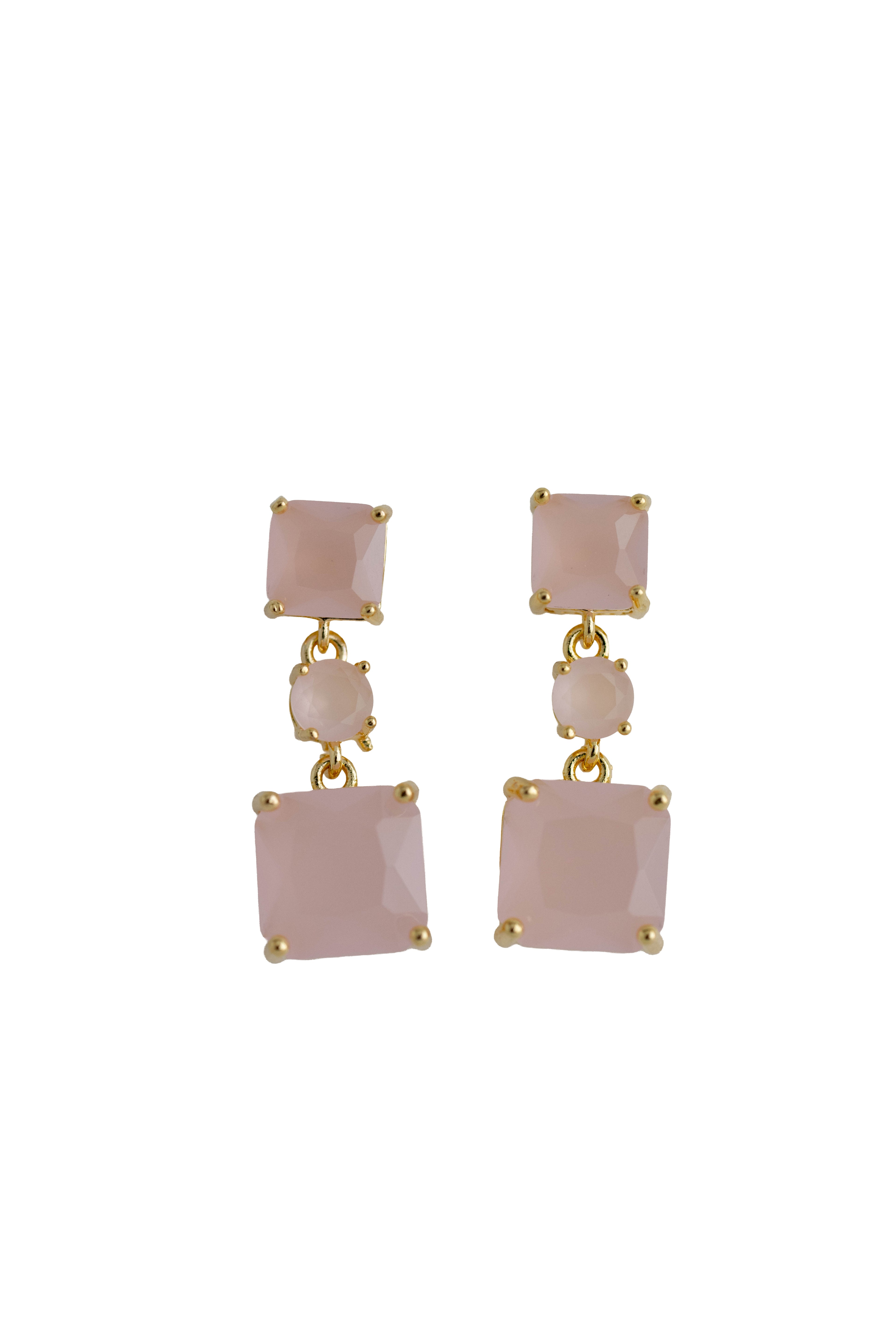 Pair of earrings with pink square stones and gold accents