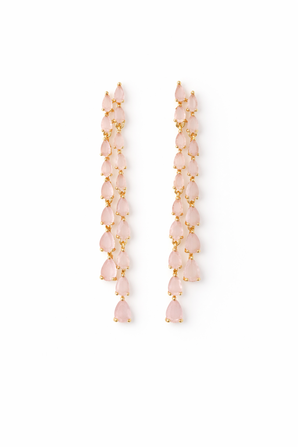 blush pink rhinestone fringe earrings on a gold setting