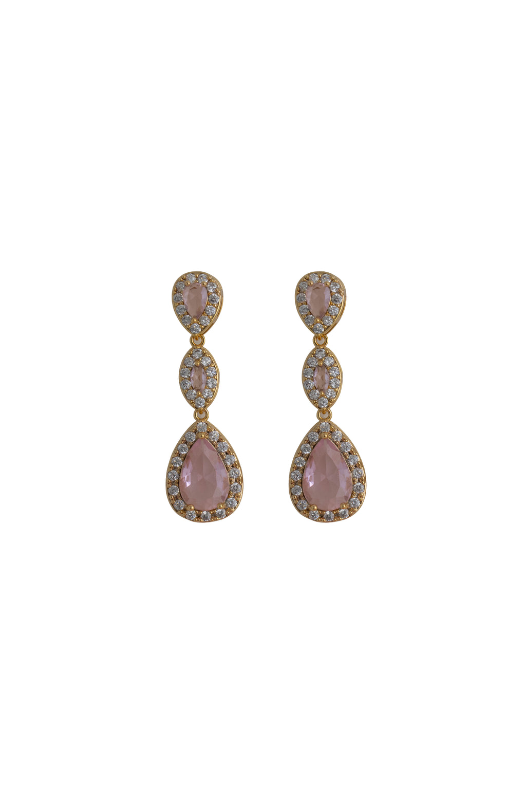 blush pink rhinestone earrings on a gold setting