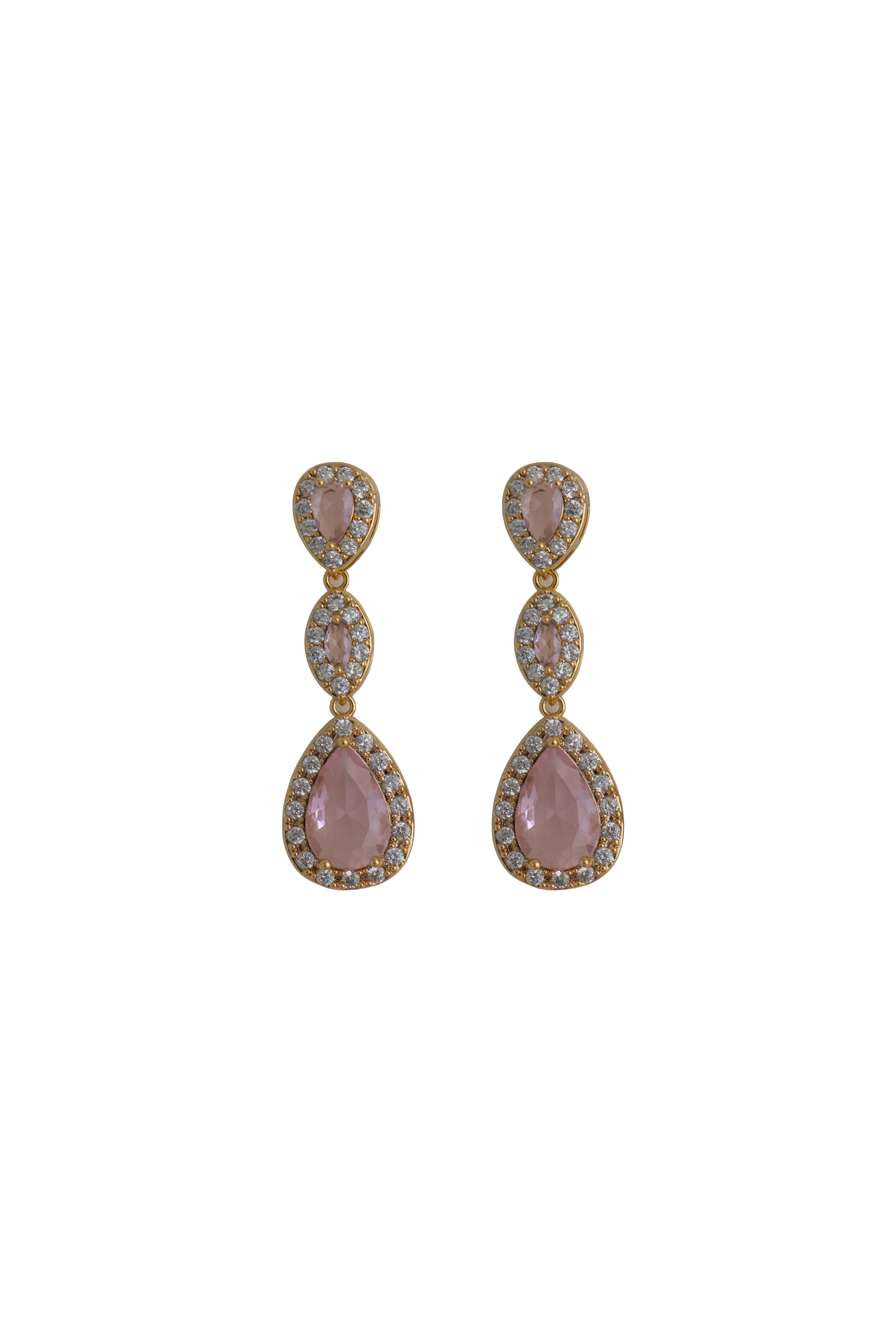 blush pink rhinestone earrings on a gold setting