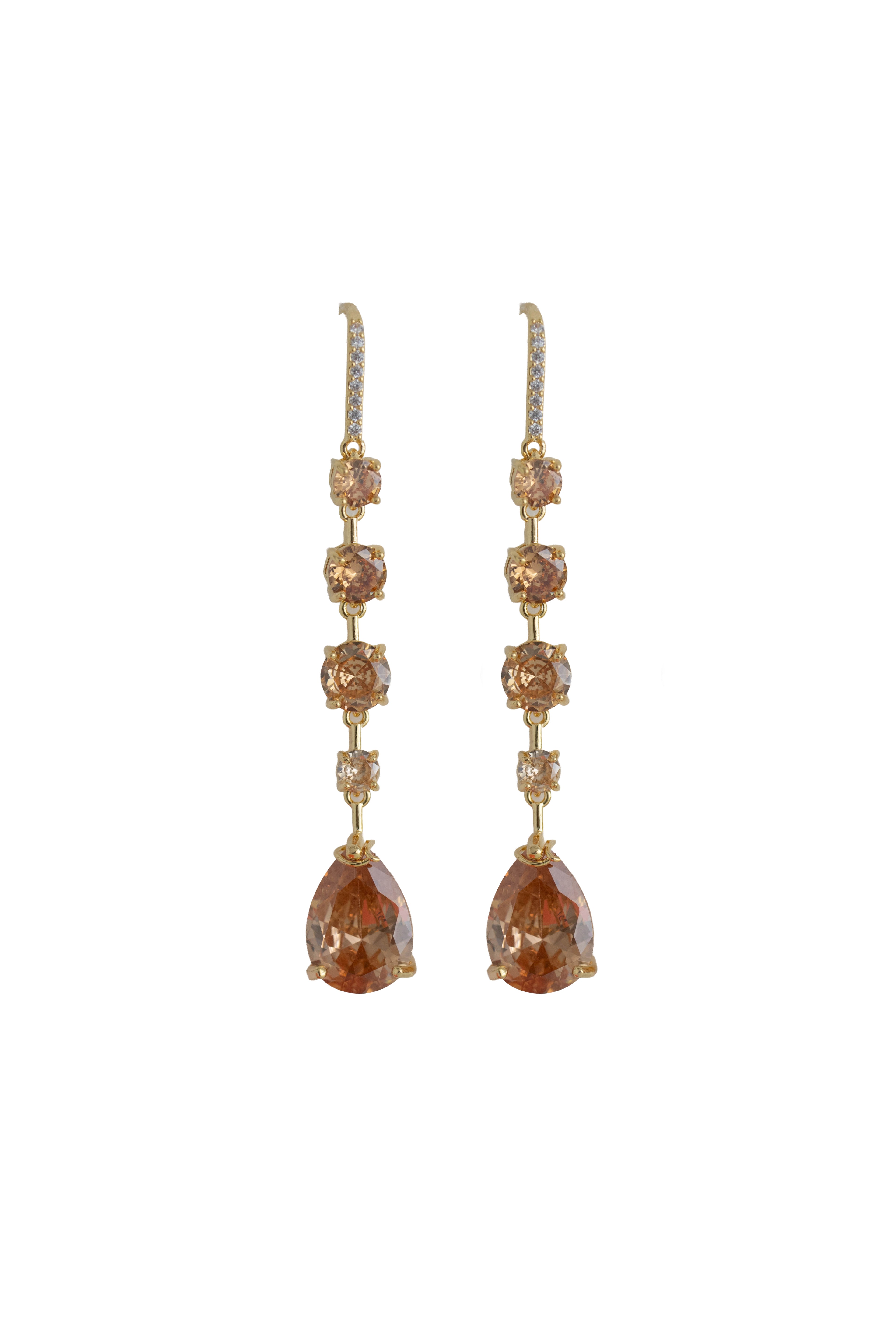 champagne rhinestone drop earrings on a gold setting